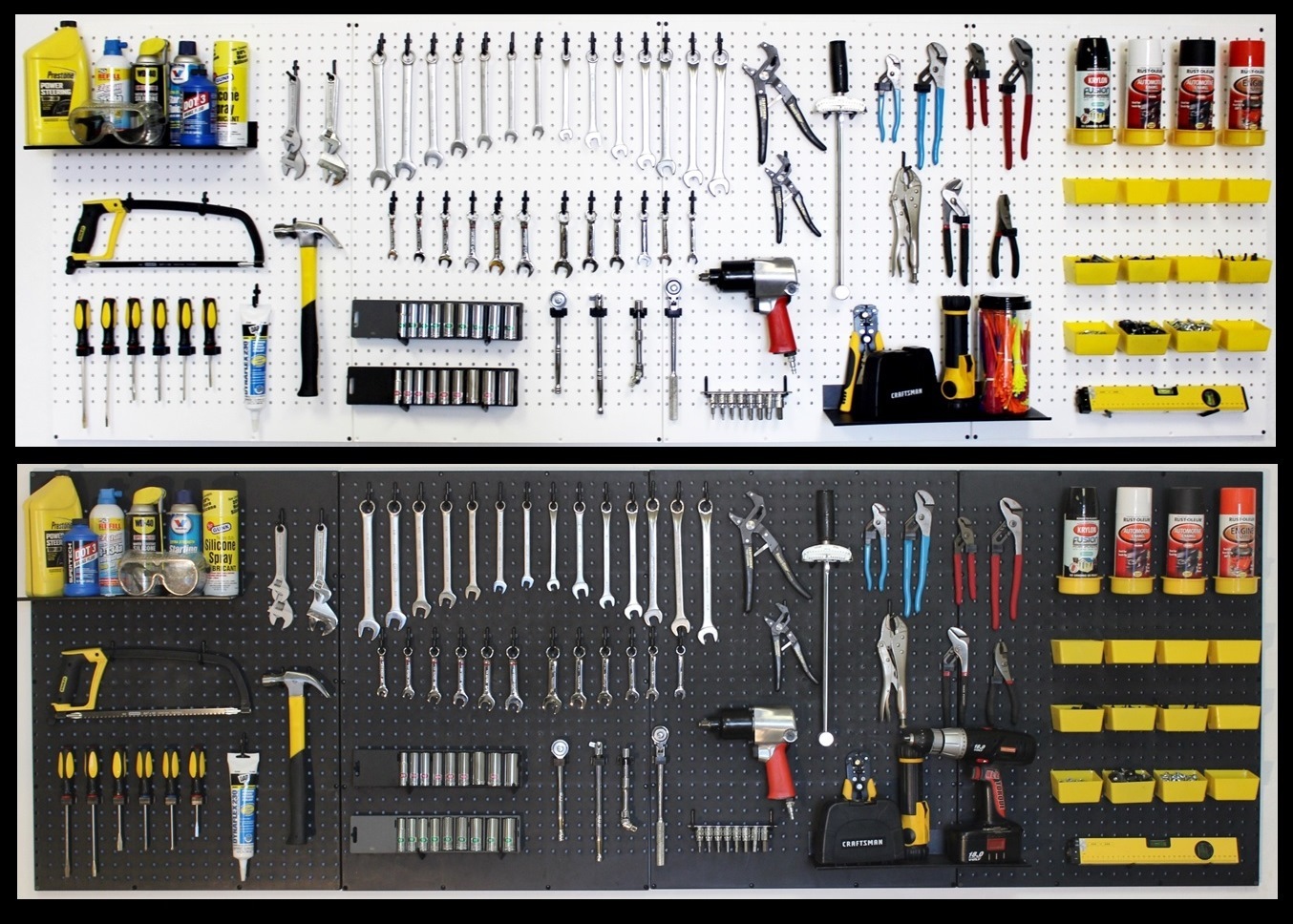 WallPeg pegboard panels, shelves, bins, locking peg hooks - Choice black - White