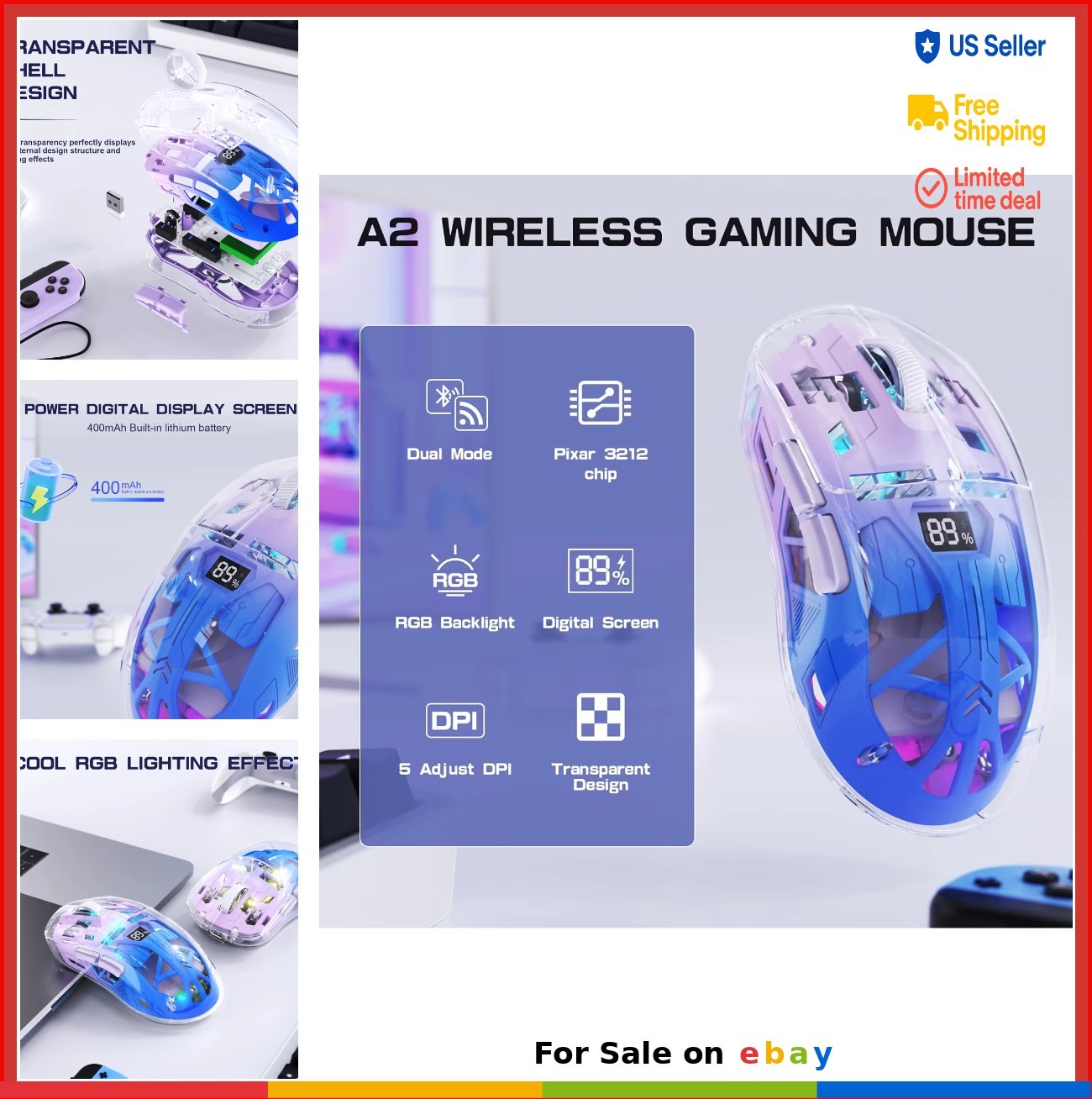 Transparent Gaming Mouse 2.4G BT 5.0 Rechargeable RGB Digital Screen 5