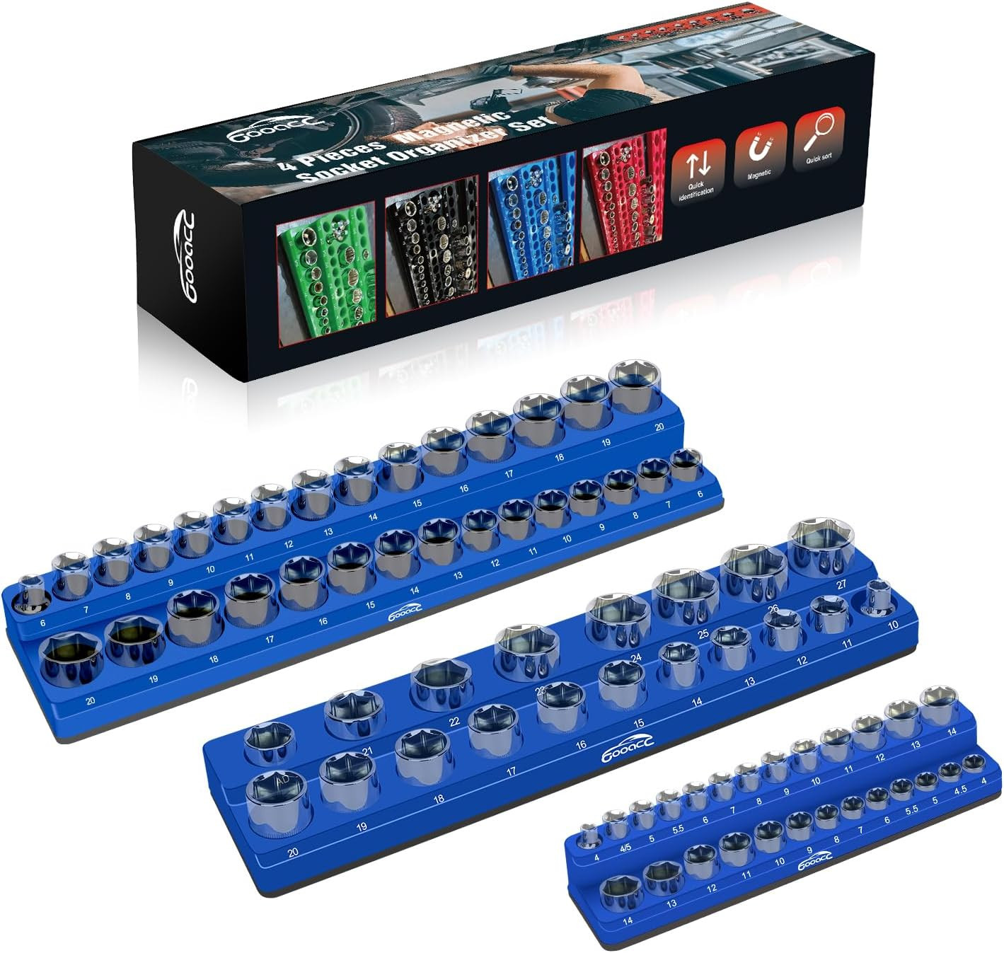 Magnetic Socket Organizer Tray Metric 1/4 3/8 1/2 Inch Holds 75 Blue