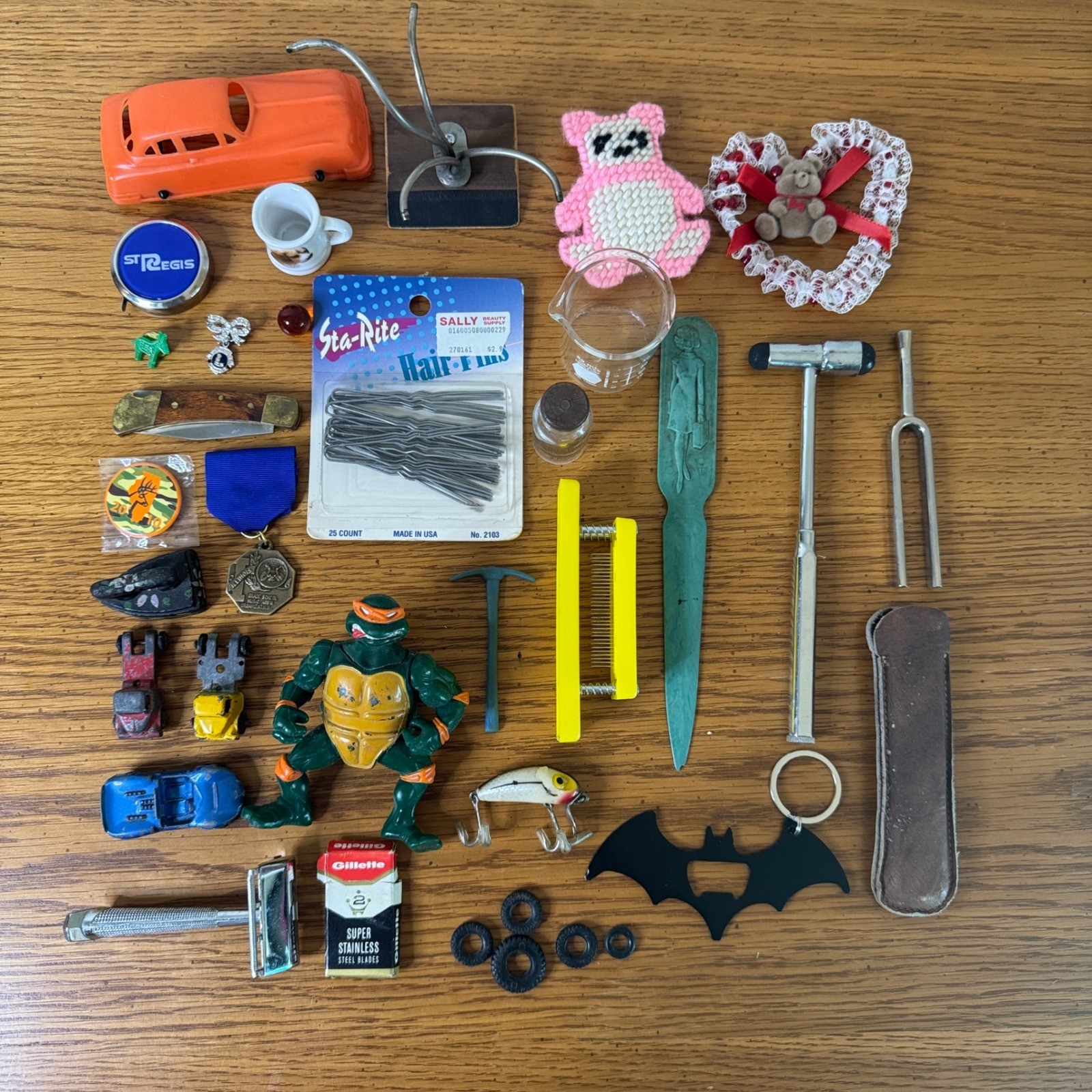 Antique Vintage Modern 30 Pc JUNK DRAWER lot Gillette TMNT Marble Pins Toy Cars