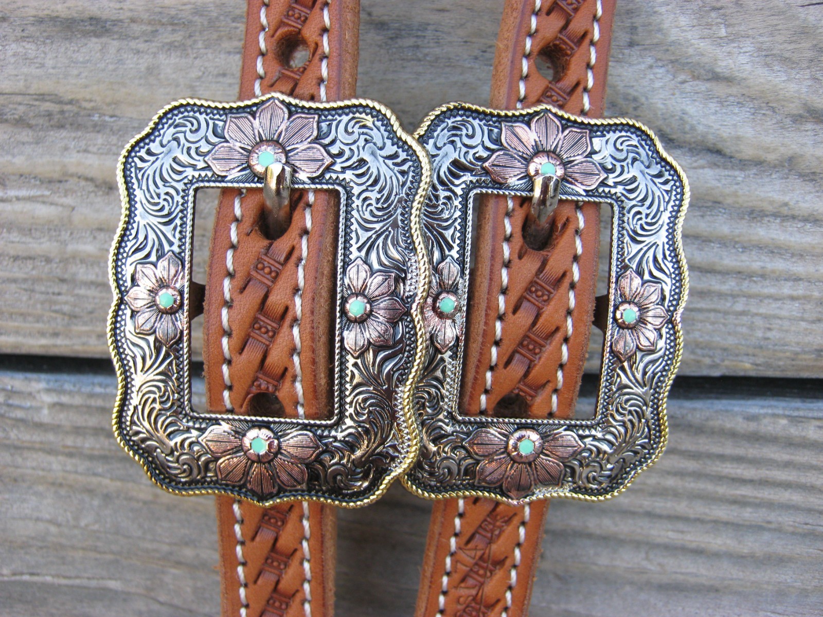 West 74 Light Oil Leather 5/8" One Ear Floral Rope Edge Buckles Headstall