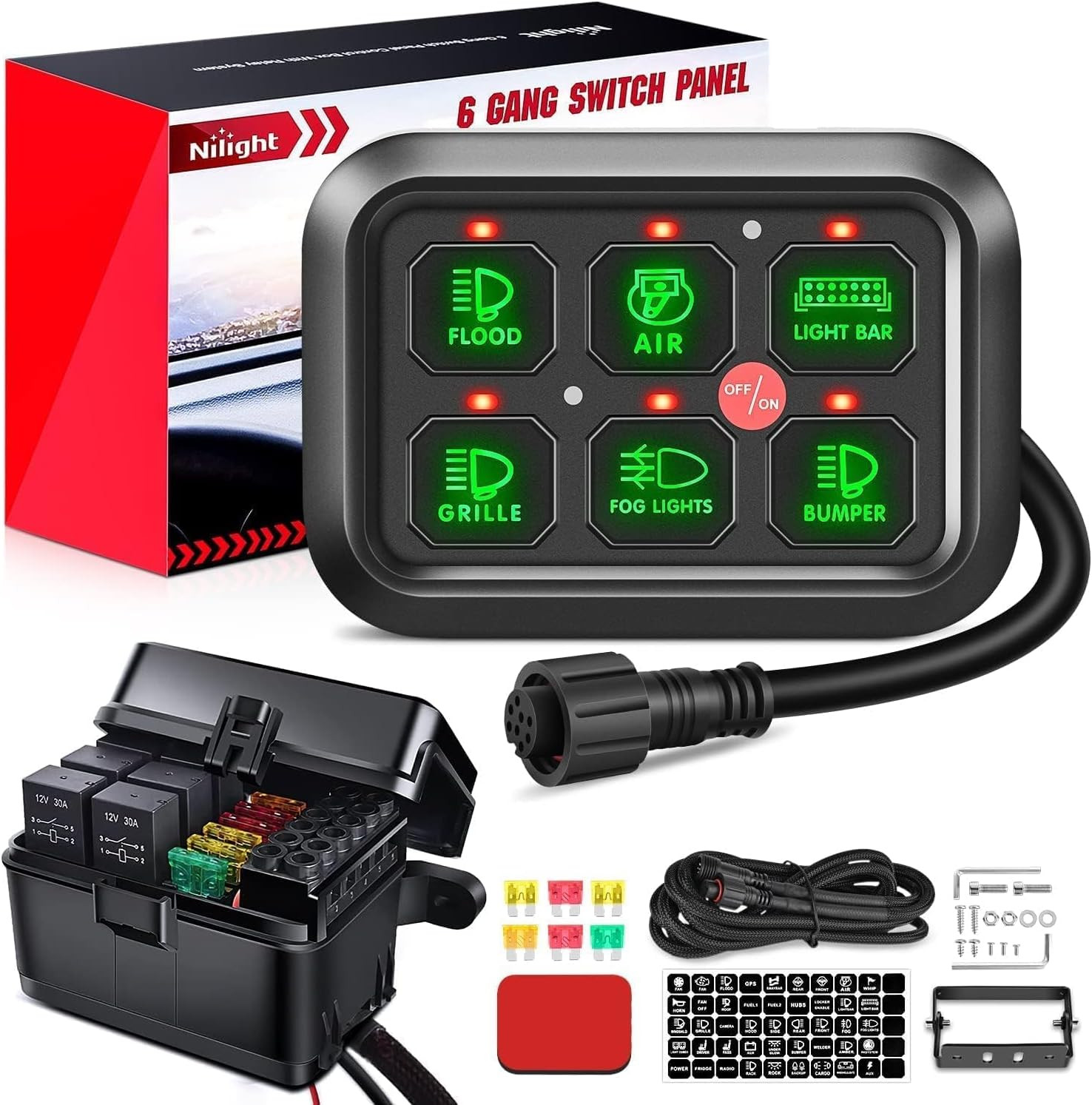 6 Gang Switch Panel Universal Circuit Control Relay System with Fuse Wiring Harn