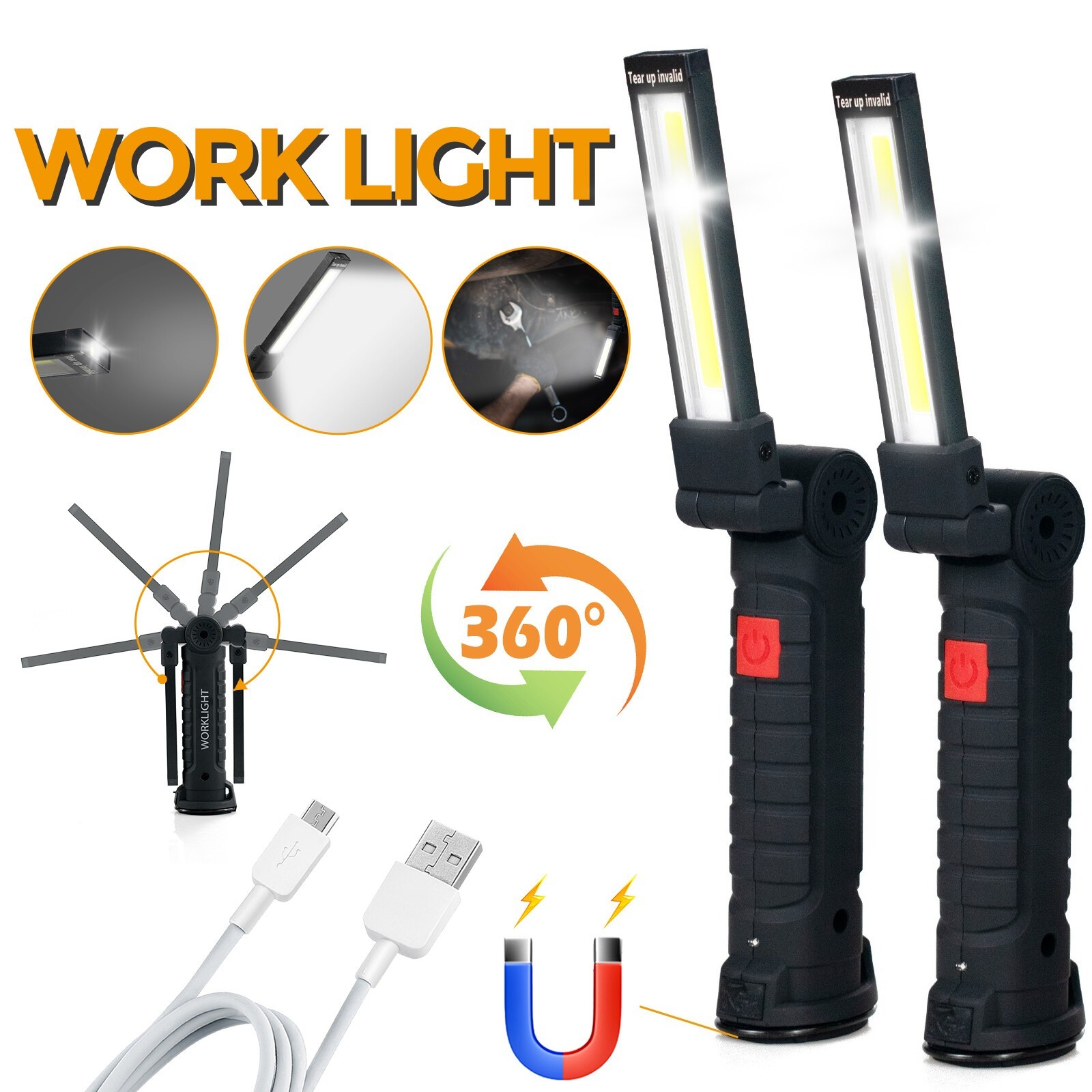 Magnetic Base 360° LED COB Work Light Rechargeable Mechanic Torch Flashlight