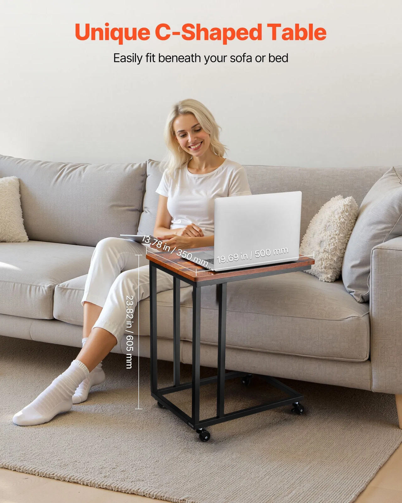 C Table, C Shaped Sofa Side Table with Metal Frame Rolling Casters, Portable C S