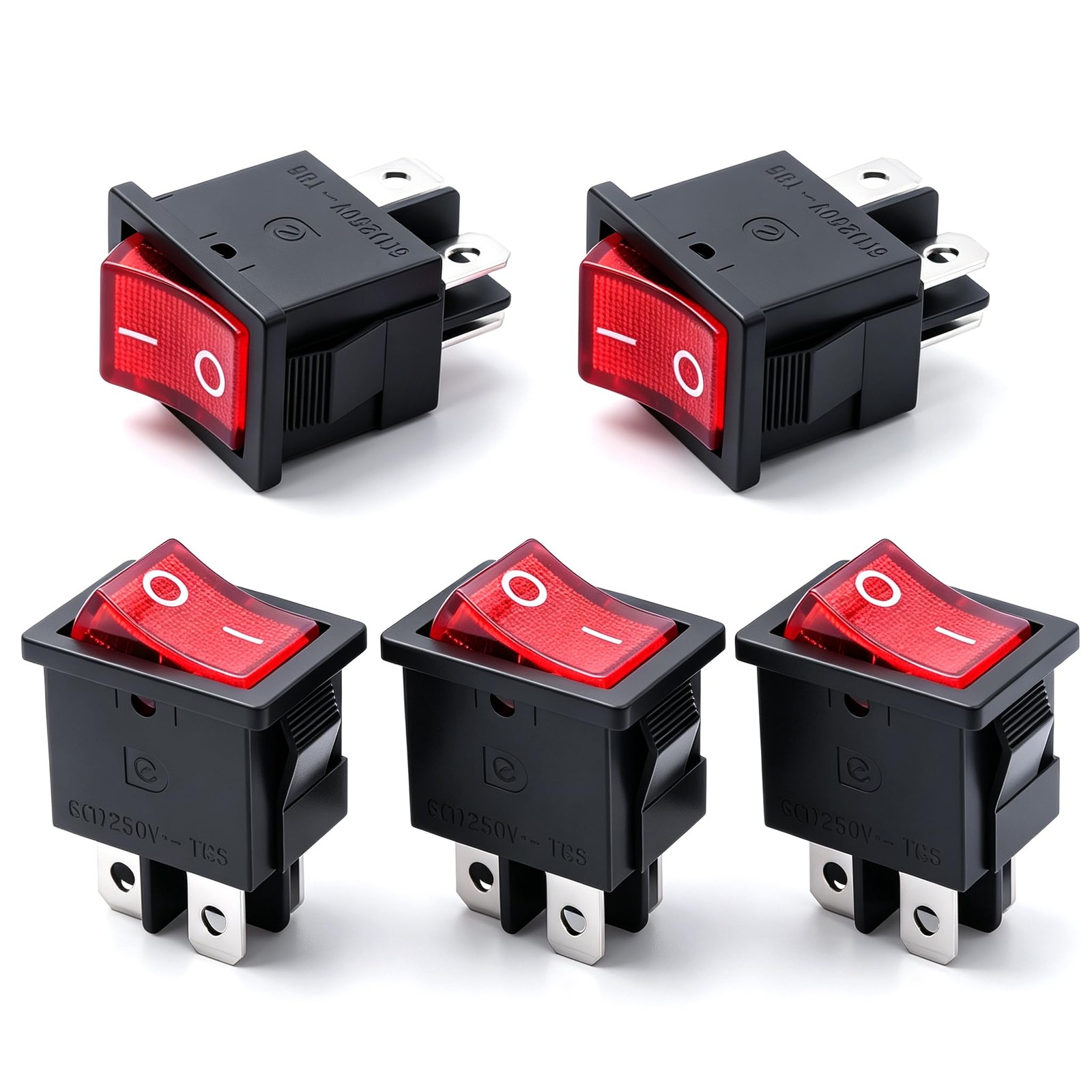 Mini Rocker Switch Illuminated DPST Power ON-Off 4 Pin Red MXU1-4-201NR 5 PCS