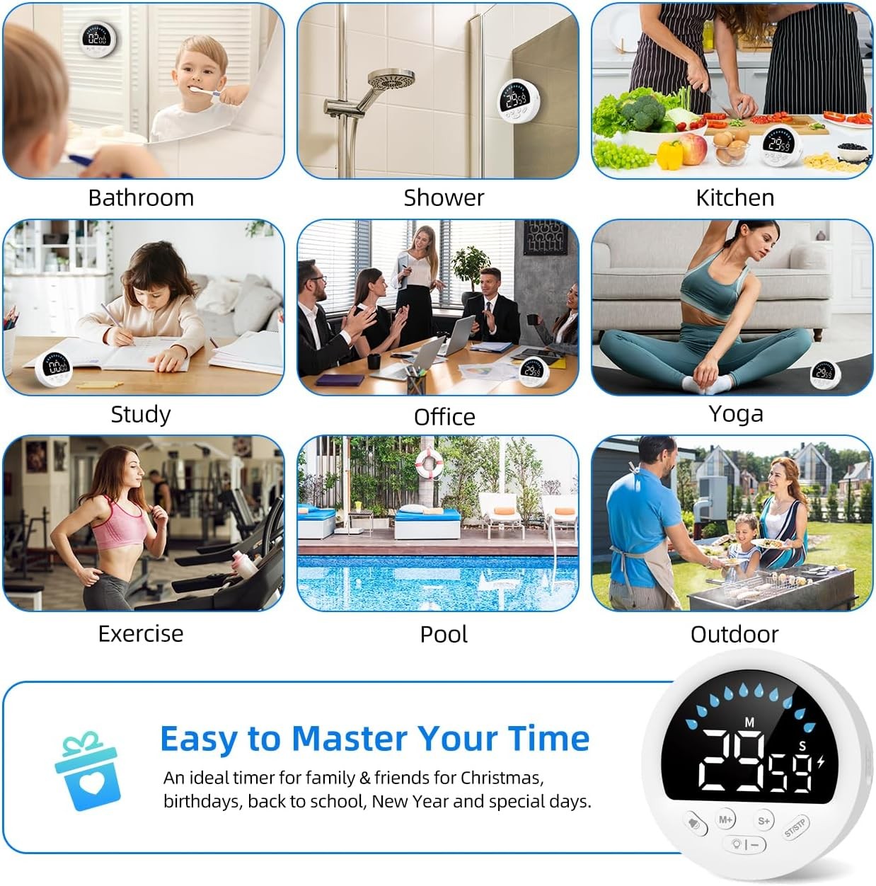 Waterproof Shower Countdown Timer: Large LED Display, ADHD Tool for Kids Adults,