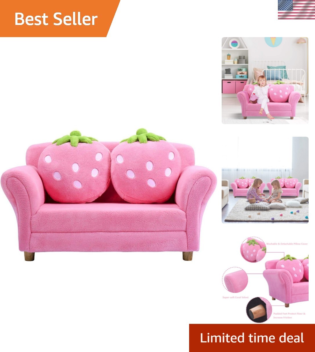Kids Couch, Double Seat Pink Children's Sofa with 2 Strawberry Pillows, Toddl...