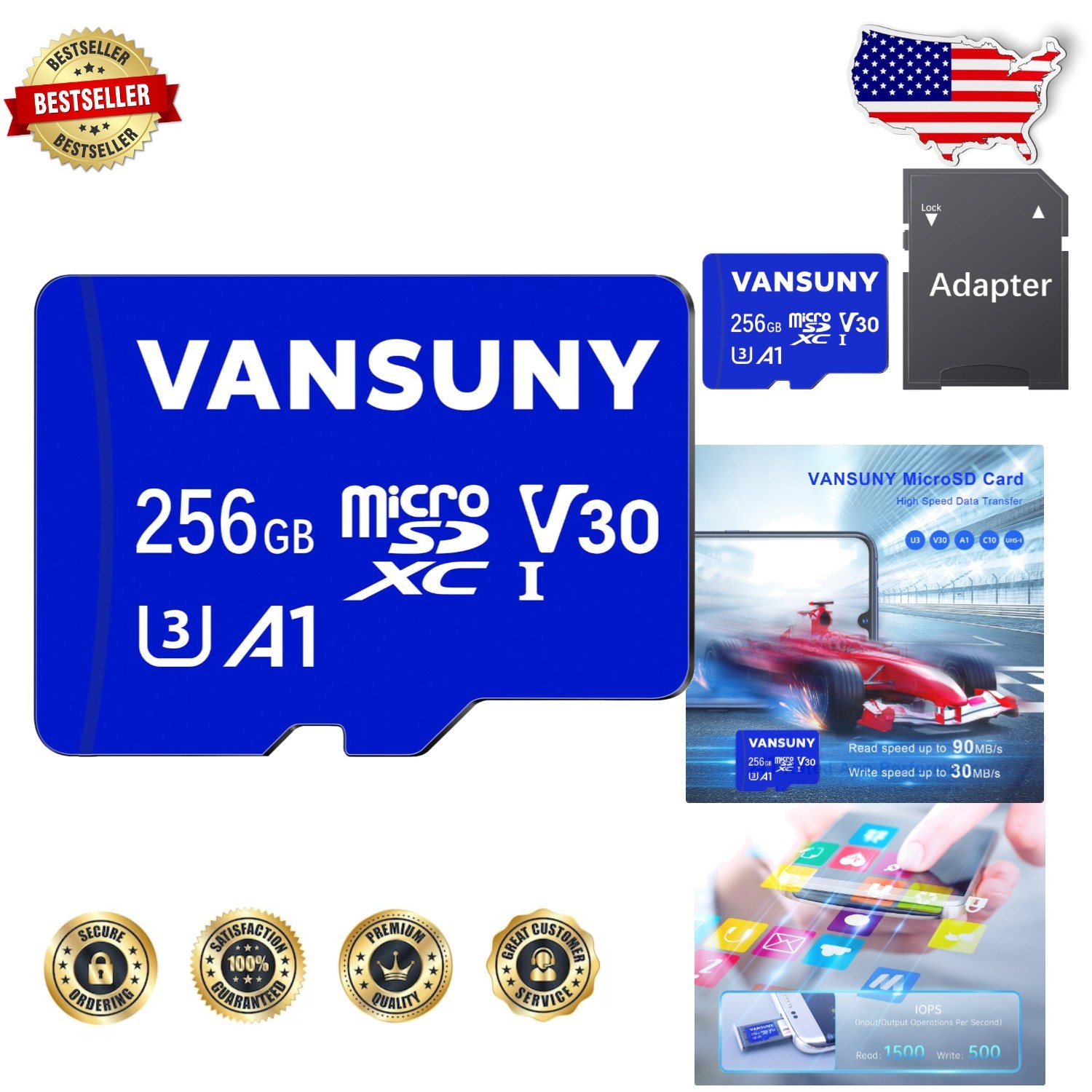 High-Speed 256GB Micro SDXC Card - V30 4K, A1 App Perf, U3, Waterproof, 90MB/s