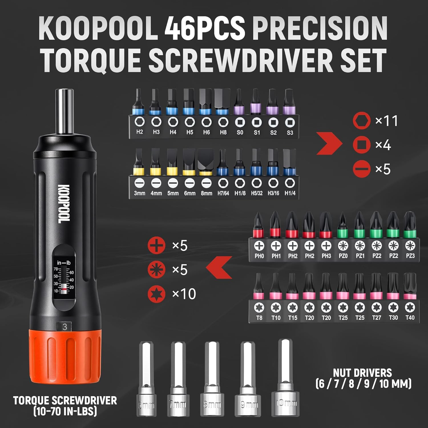 46-Piece Adjustable Torque Screwdriver Set with Bits and Nut Drivers, Orange