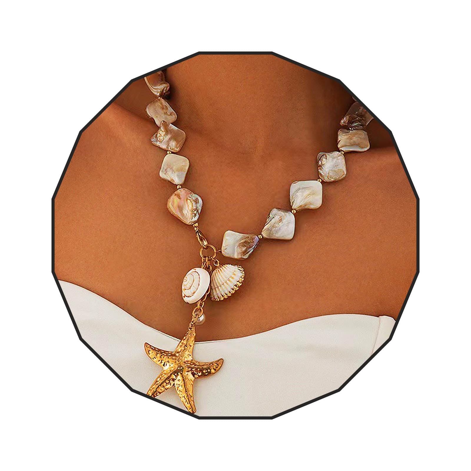 Olbye Starfish Shell Necklace Gold Seashell Pendent Adjustable, Nature