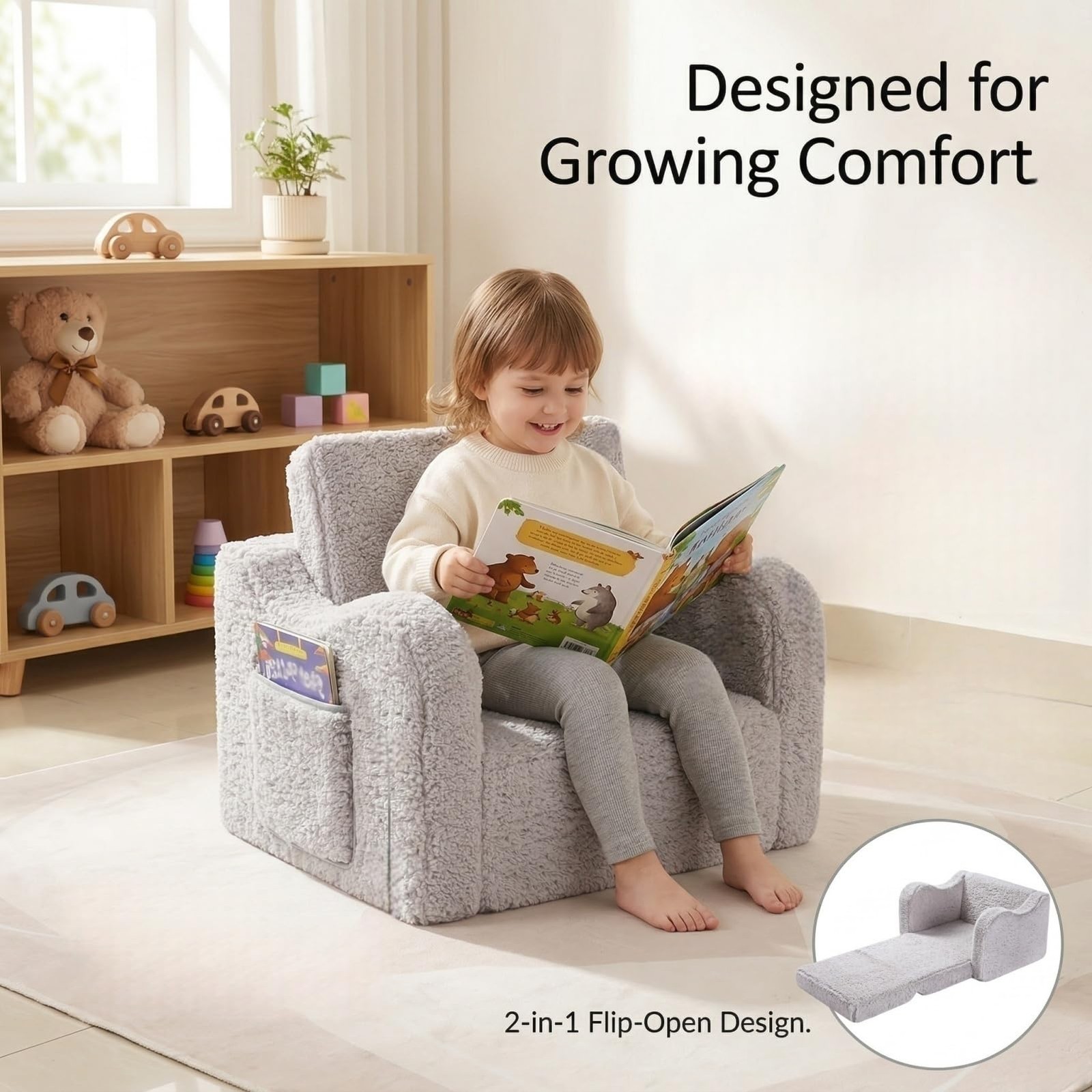 Kids Sofa, 2-in-1 Flip-Out Foam Couch with Soft Sherpa Cover, Cozy Play Loung...
