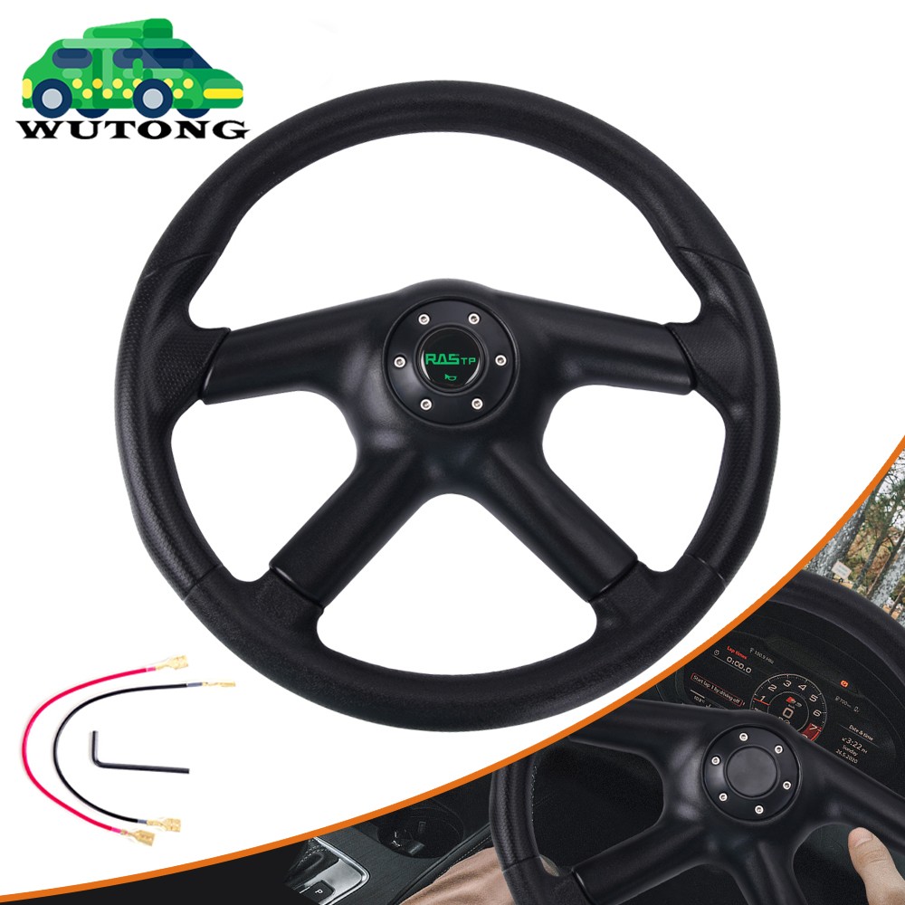 Black 14INCH Universal Leather Racing Steering Wheel Drifting Flat Dish 6 Bolt