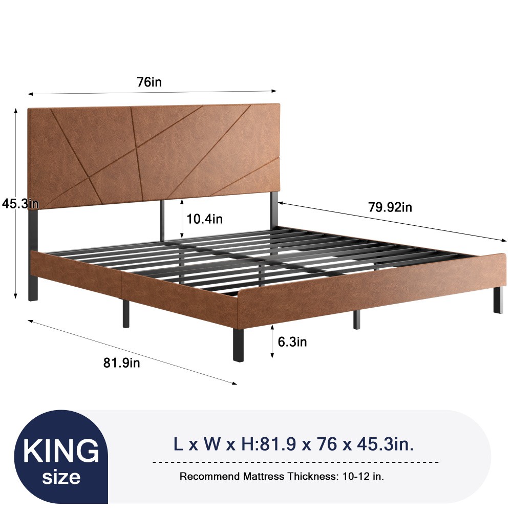 King Size Bed Frame Metal Platform w/ Upholstered Headboard & Under-Bed Storage