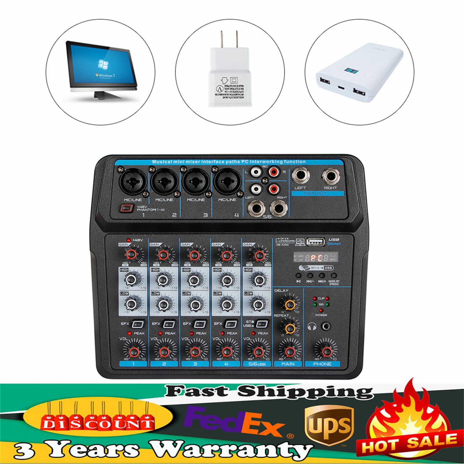 6 Channel Live Studio Audio Mixer USB Bluetooth DJ Sound Mixing Console Amplifie