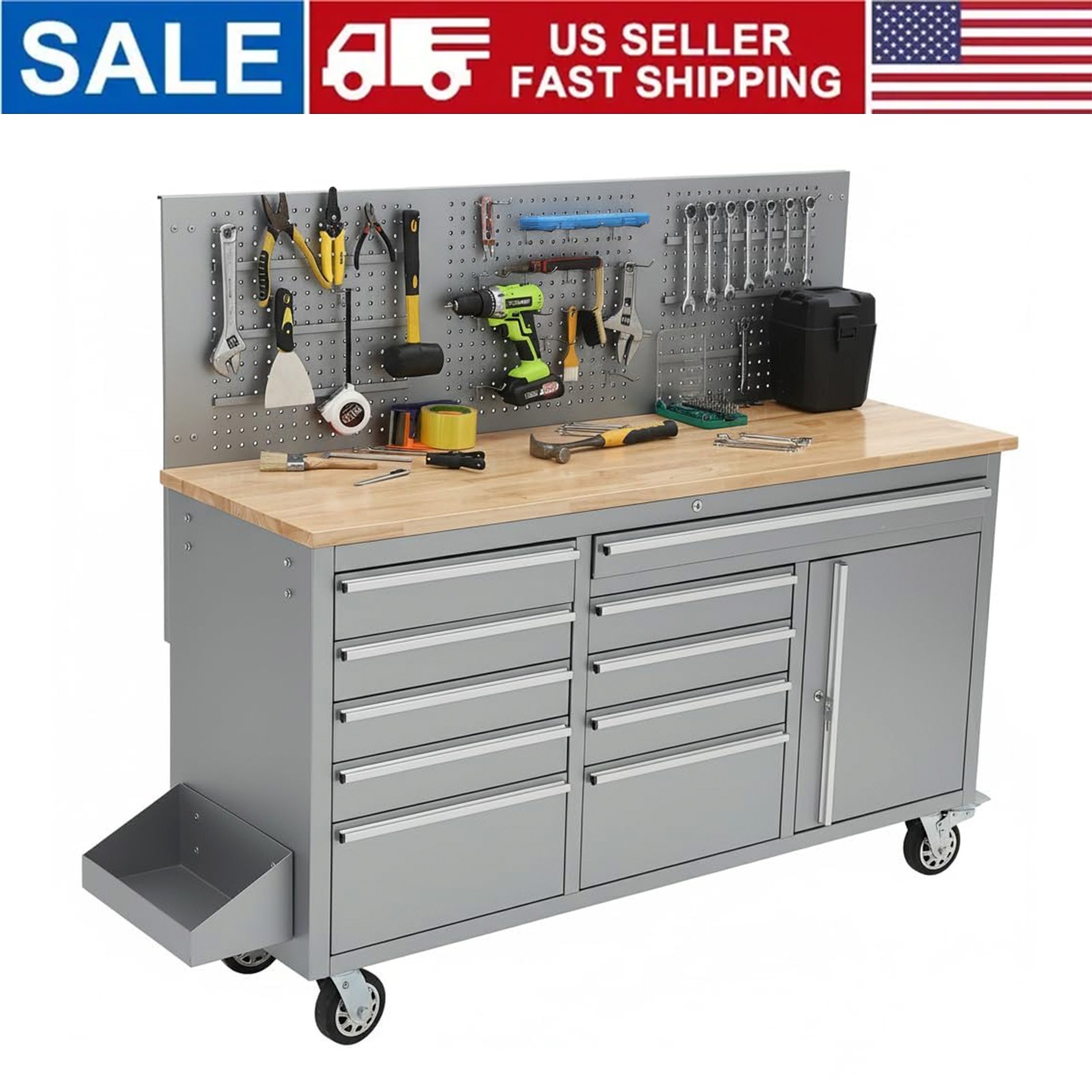 Heavy Duty 61'' Rolling Tool Chest Workbench w/10 Drawers Mobile Storage Cabinet