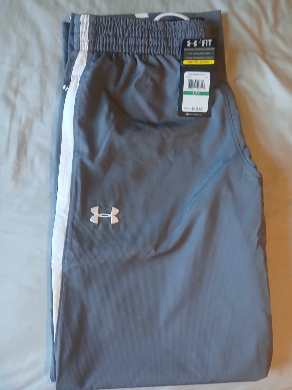 Mens Large Under Armour Track Pants Grey N White Zip Ankle Loose Ua Preformance