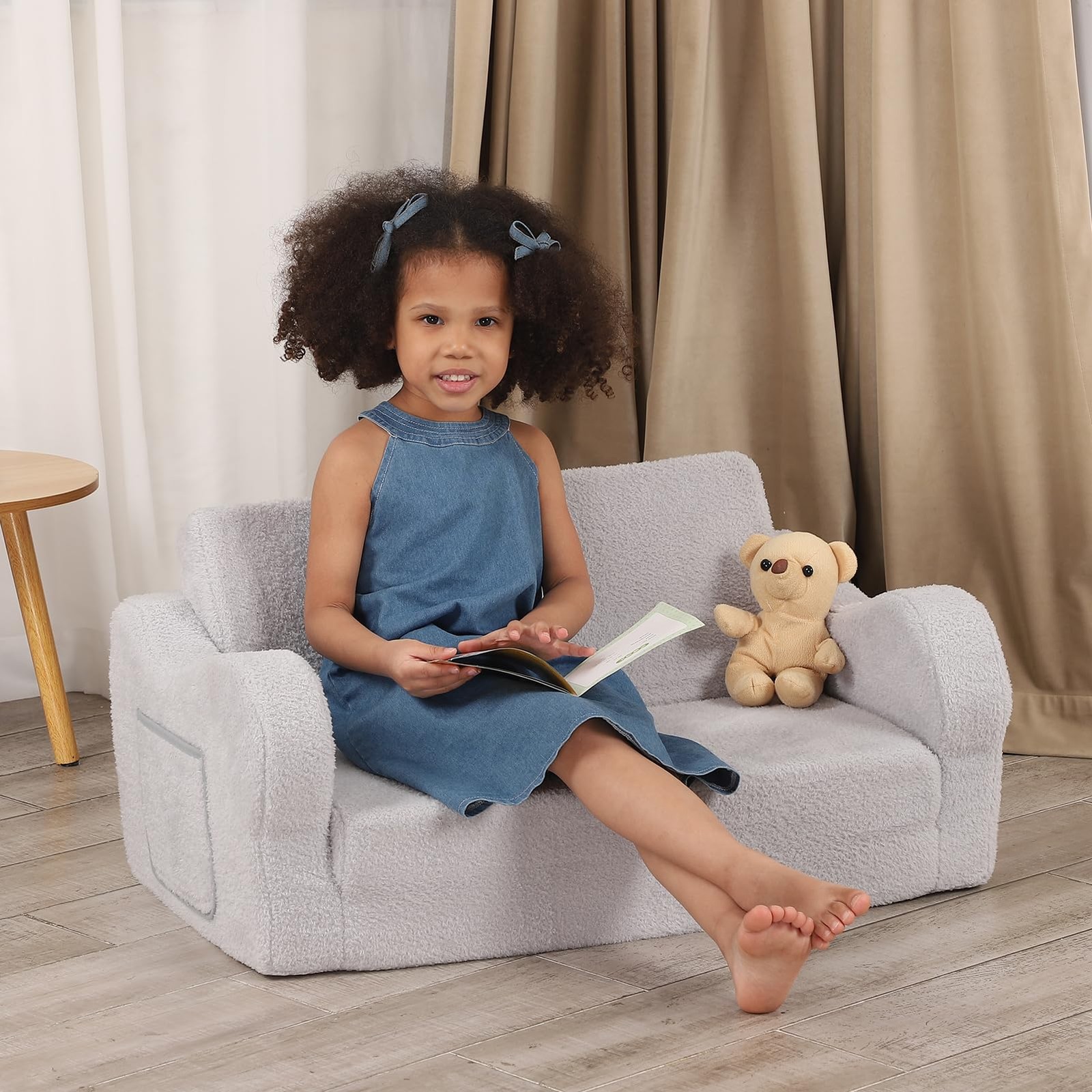 Extra Wide Toddler Chair, 2-in-1 Toddler Couch Fold Out, Convertible Sherpa S...