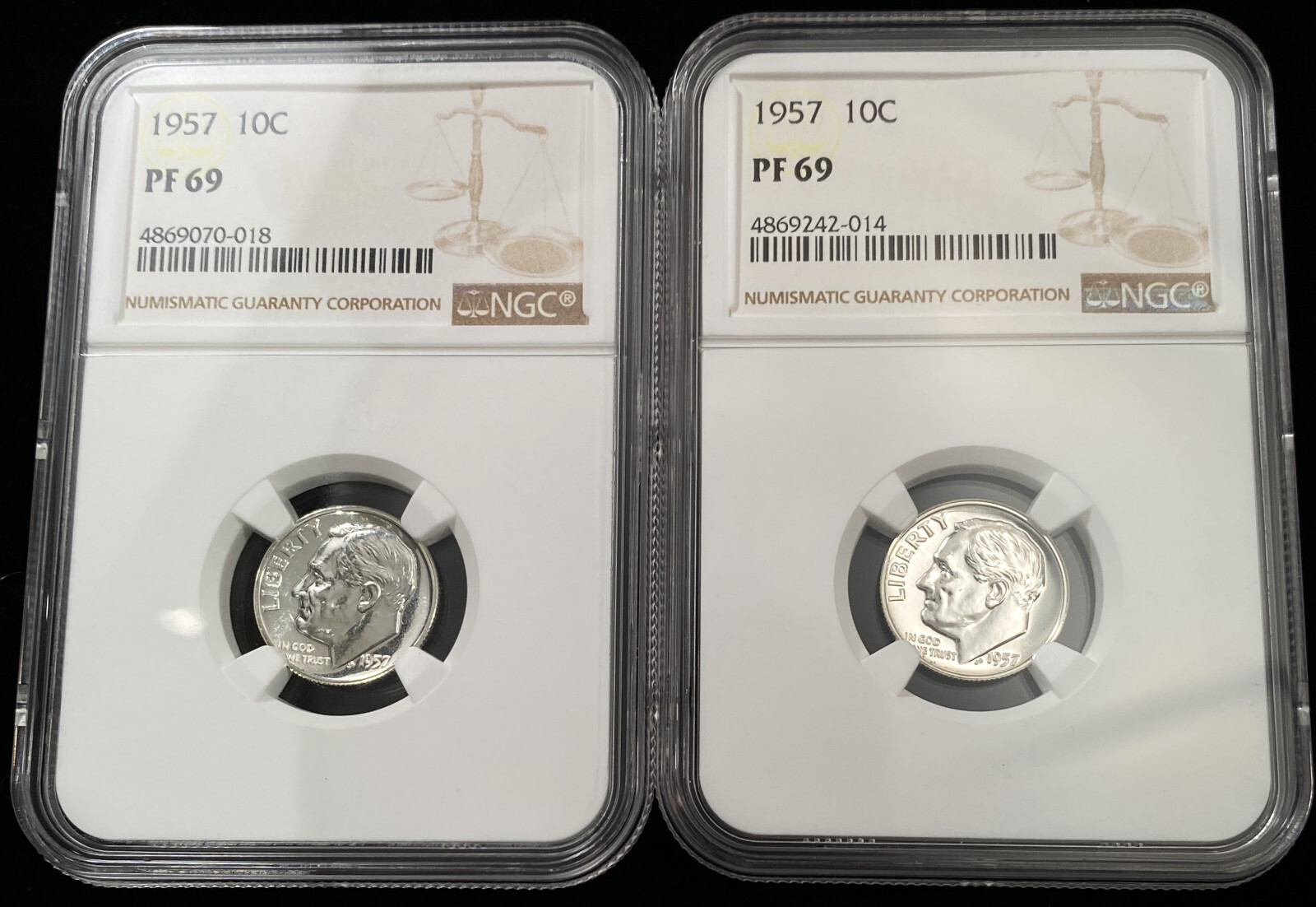 Collector Lot of 10 - 1957 Roosevelt Dime 10c Certified by NGC PF69