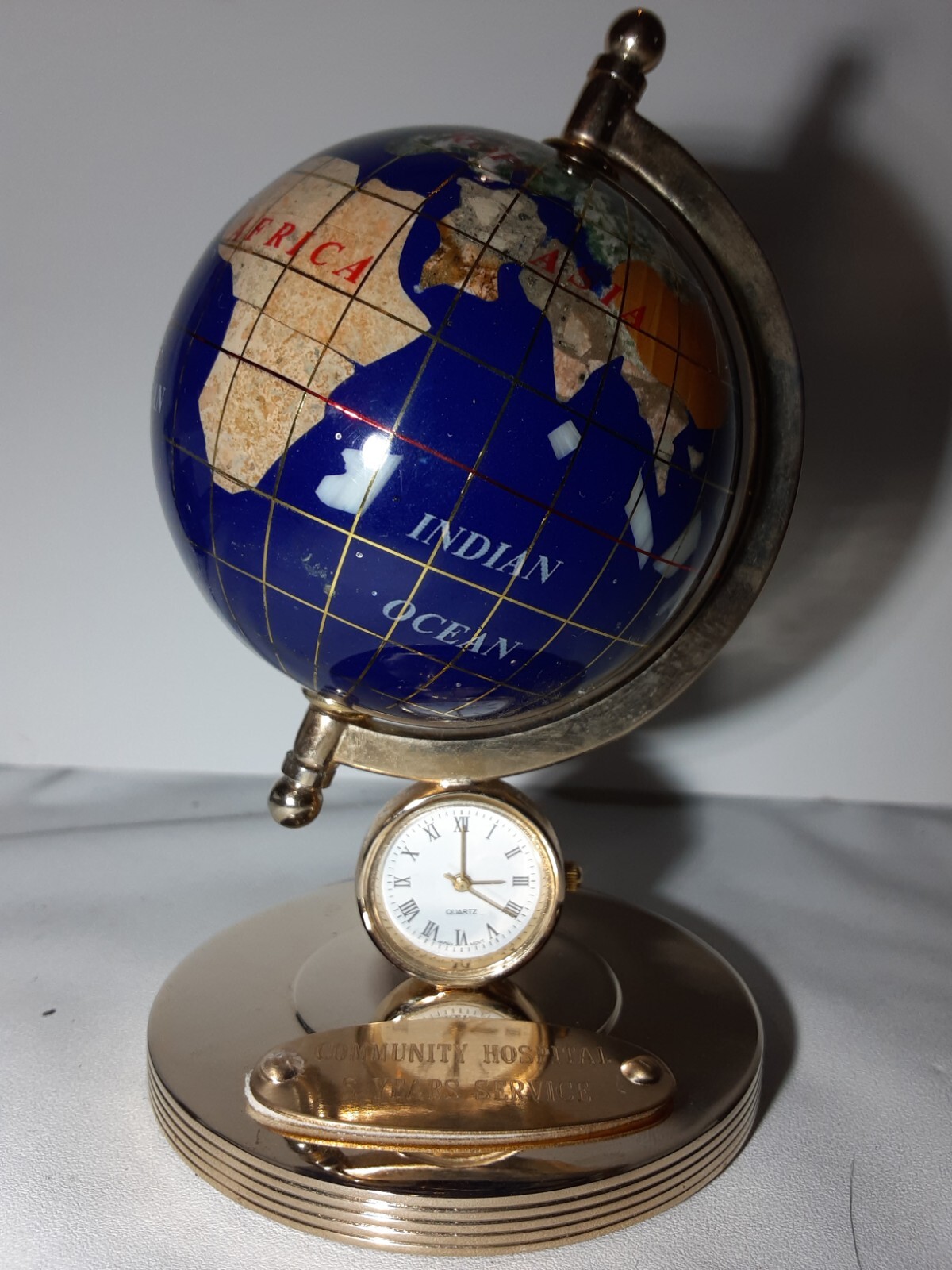 Inlaid Semi Precious Stone Stones Mini Globe Clock Desk Hospital Service Award