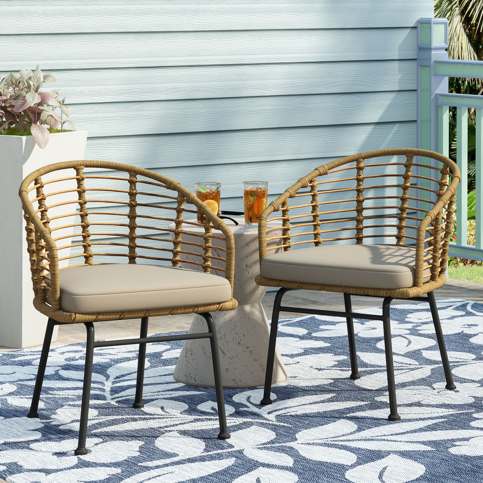 Modern PE Wicker Chair with Water-Resistant Cushion, Tub-Shaped Design