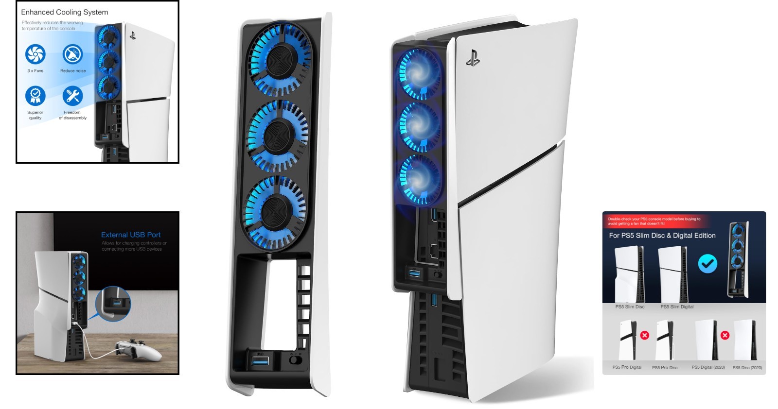 PS5 Slim Cooling Fan with LED Light - Quiet, Automatic Temperature Control