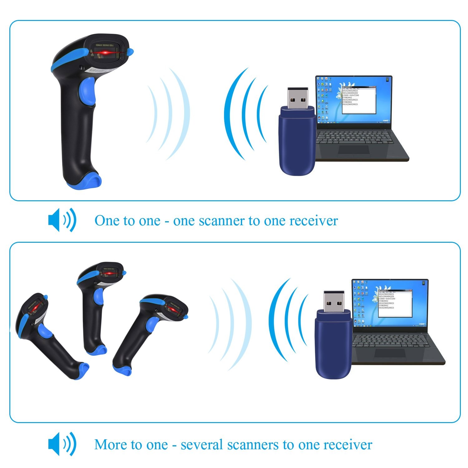 Blue 2.4G Wireless 1D Barcode Scanner Handheld Cordless Reader 100ft Range