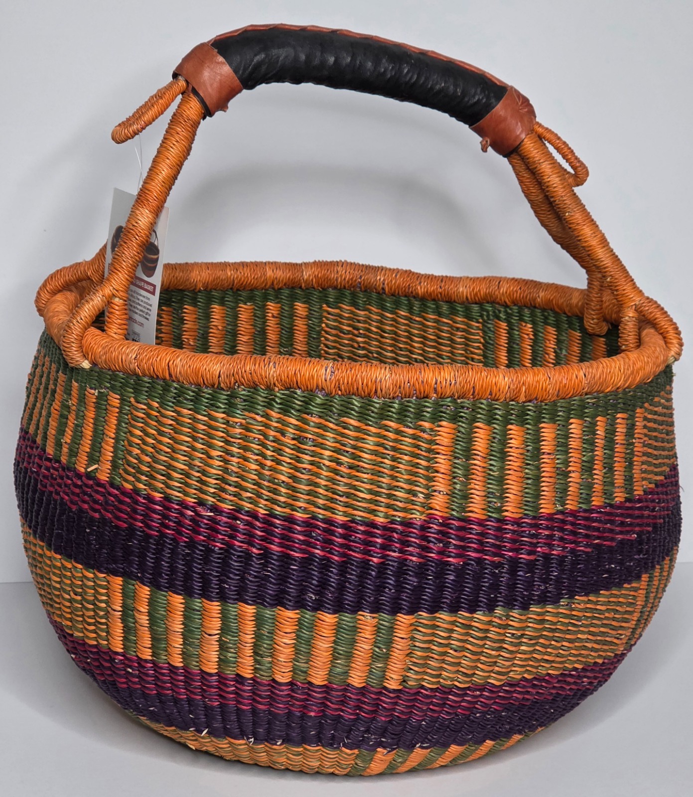 Gitzell Fairtrade Ghana Handwoven Market Basket 16" Large Bolga Leather Handle