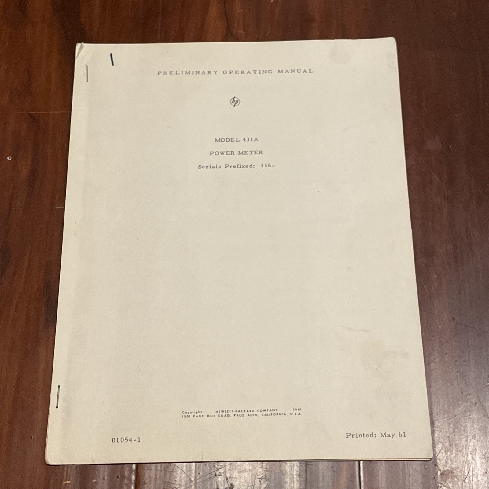 HP 431A Power Meter Preliminary Operating Manual 01054-1 May 1961