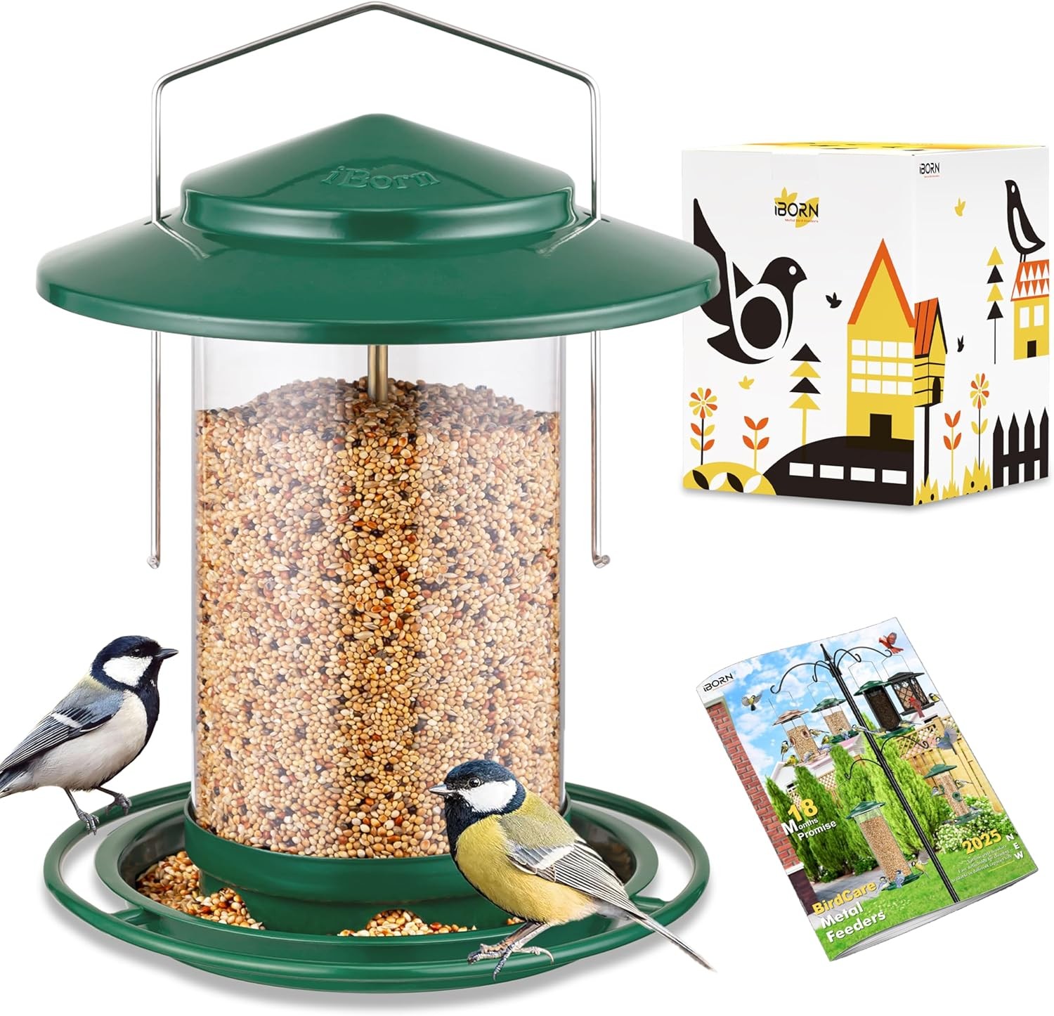 iBorn Metal Bird Feeders for Outdoors 6Port,2.2lb Capacity, New Green