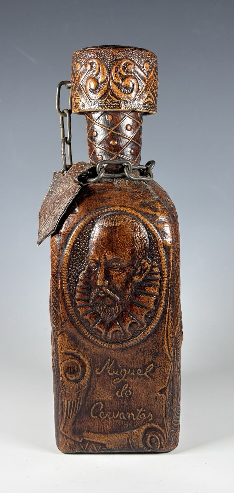 Vintage Miguel De Cervantes Leather Wrapped Whisky Bottle Decanter 8 3/4” Tall