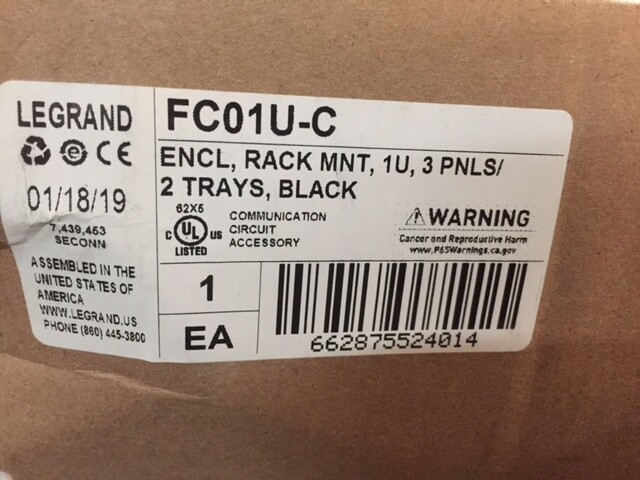 Legrand FC01U-C 1U RACK MOUNT FIBER CABINET FOR COMBINATION PATCH/SPLICE APPS