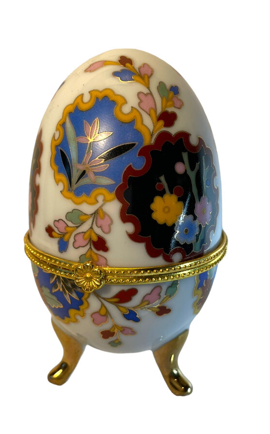 Footed Egg Hinged Trinket Box Flowers Gold Accents