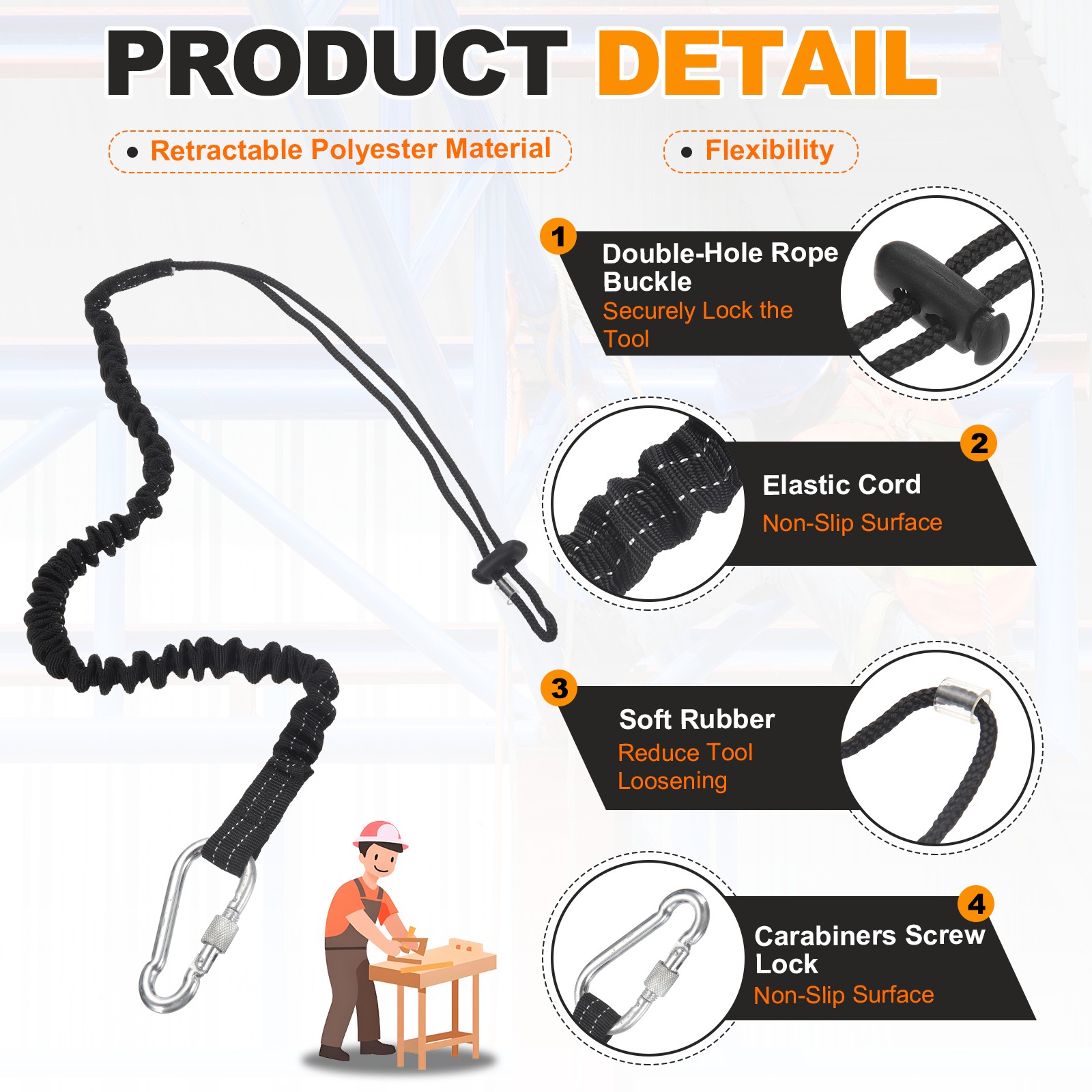 Tool Lanyard with Spiral Hook and Loop End (10kg/22lb), (Black)