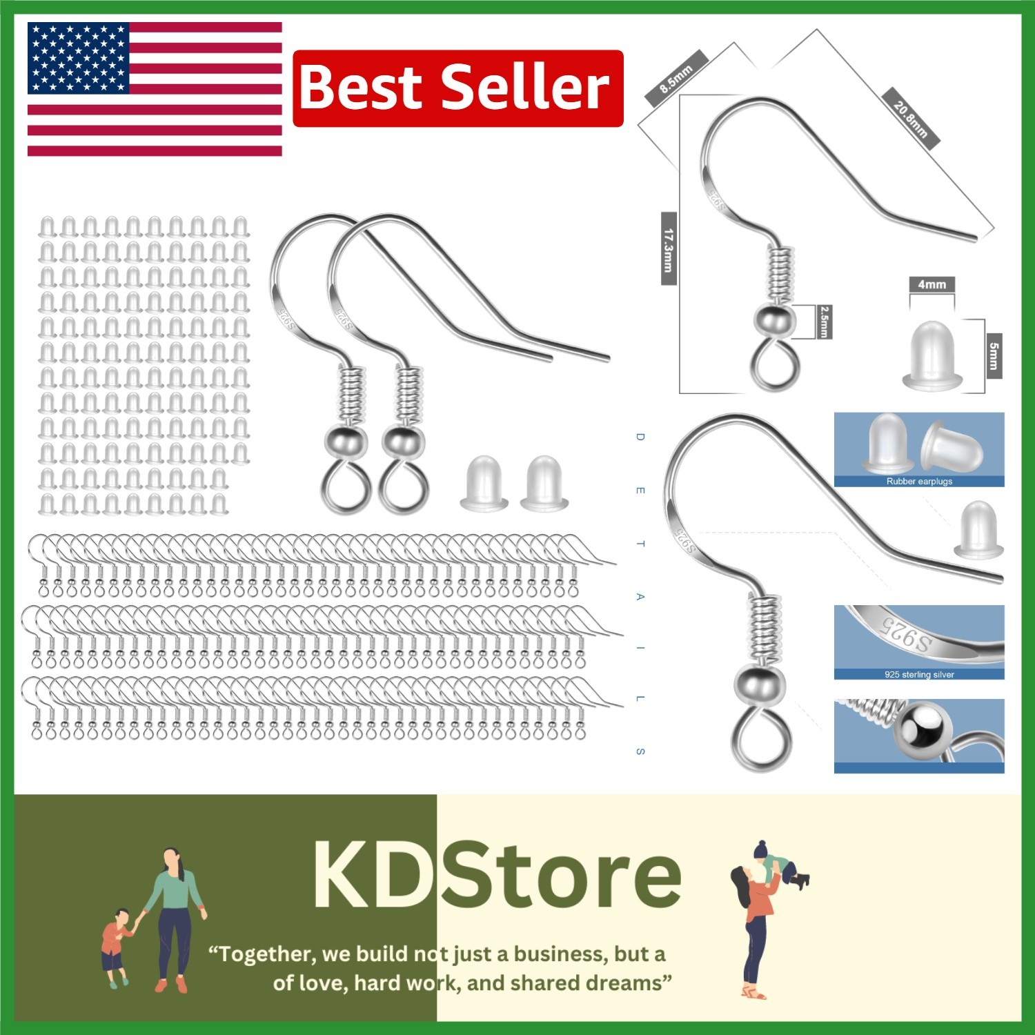 925 Sterling Silver Fish Hook Earring Findings with Silicone Safety Backs - 1...