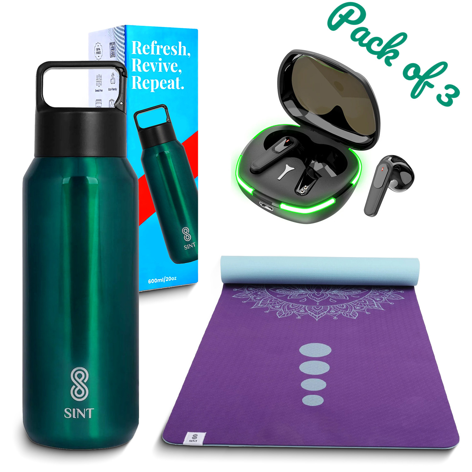 Pack of 3 Bundle for Active Lifestyle -Water Bottle, Yoga Mat & Wireless Earbuds