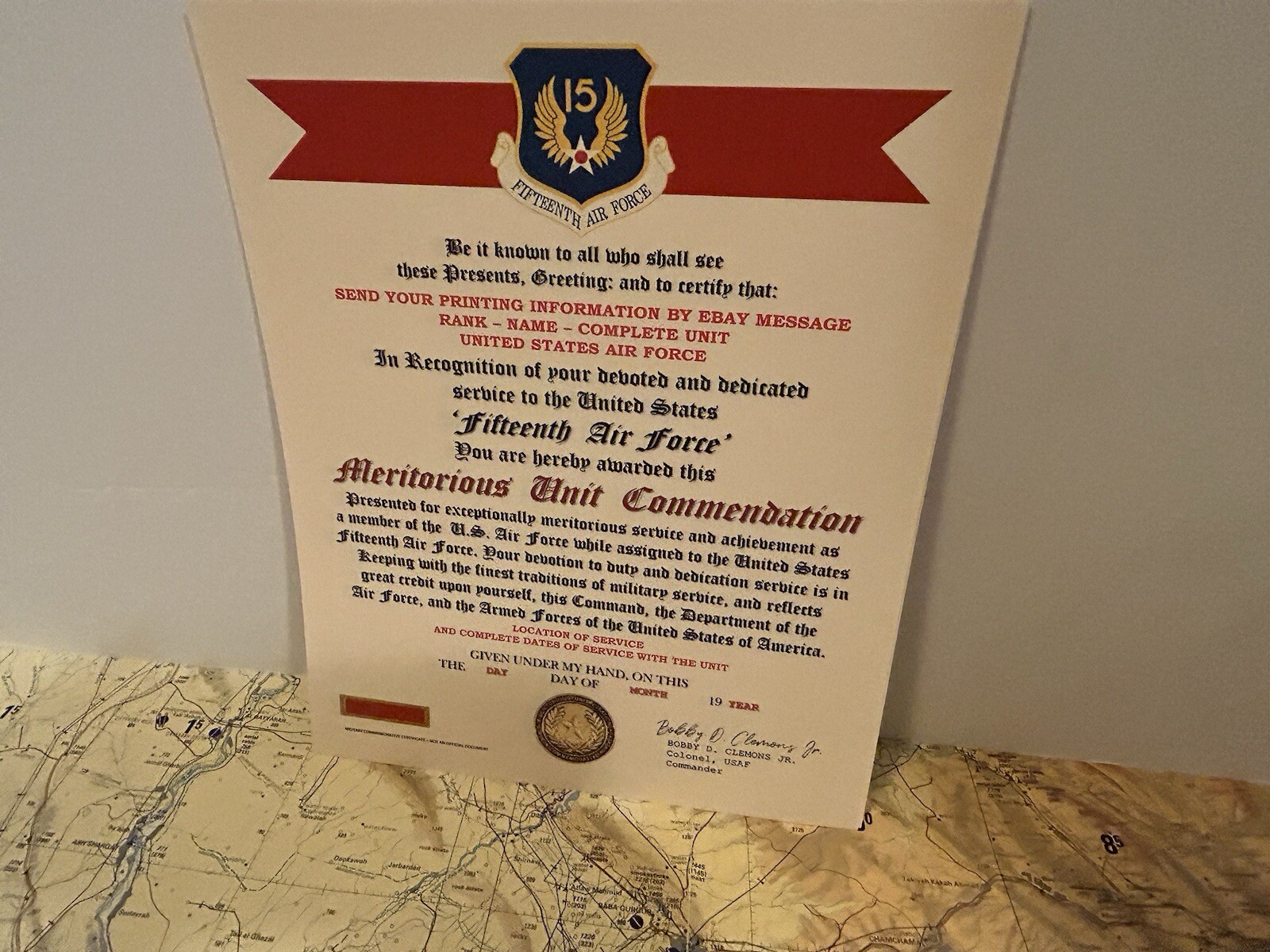 U.S. AIR FORCE / 15TH AIR FORCE - MERITORIOUS UNIT COMMENDATION CERTIFICATE