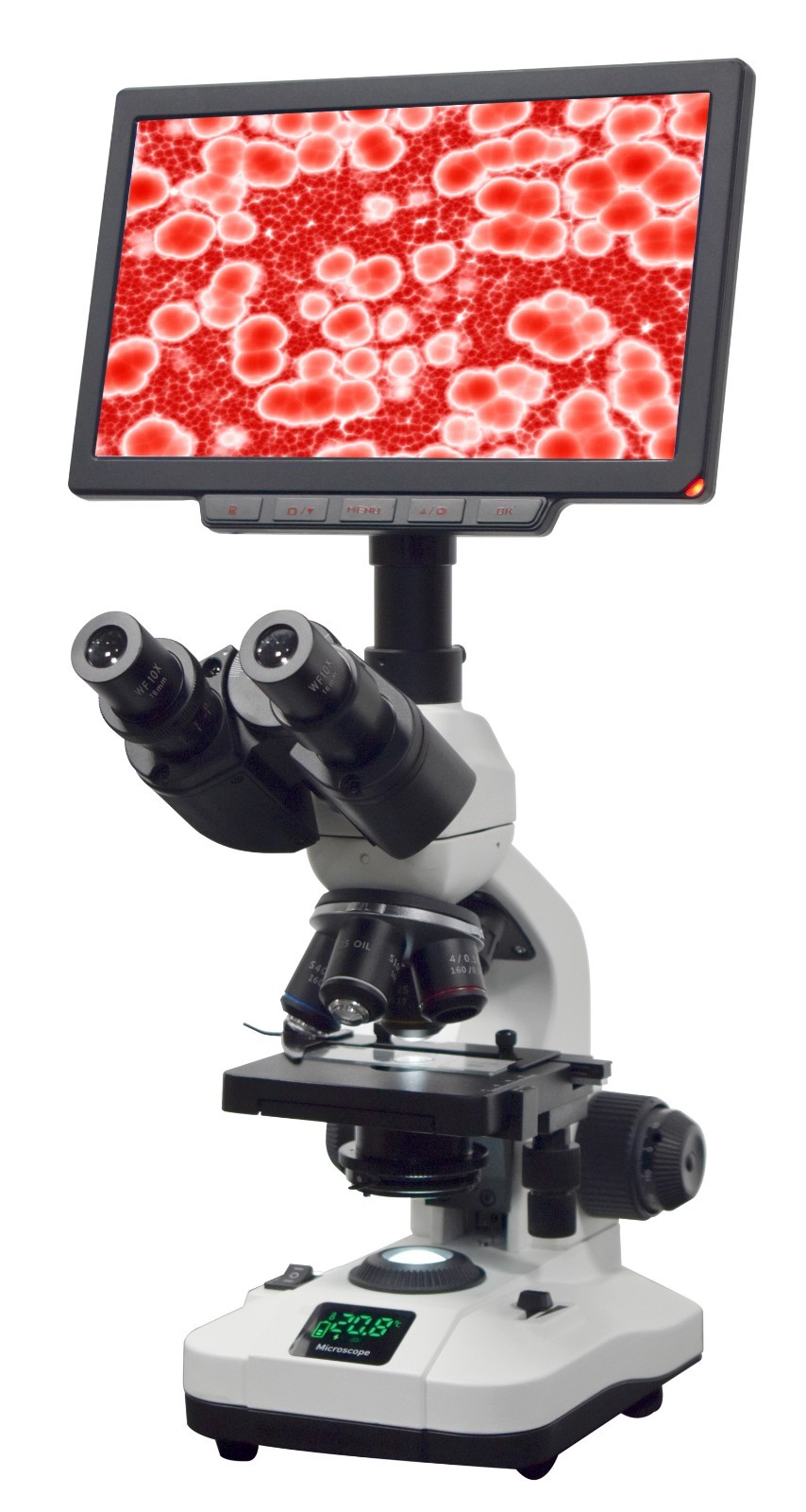 Trinocular Lab Microscope 2500x S-Plan Optics w 9” 4K Camera & LED Info Display