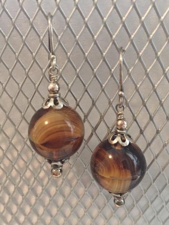 Handmade Sterling Silver & vintage brown/amber glass earrings 12mm .925