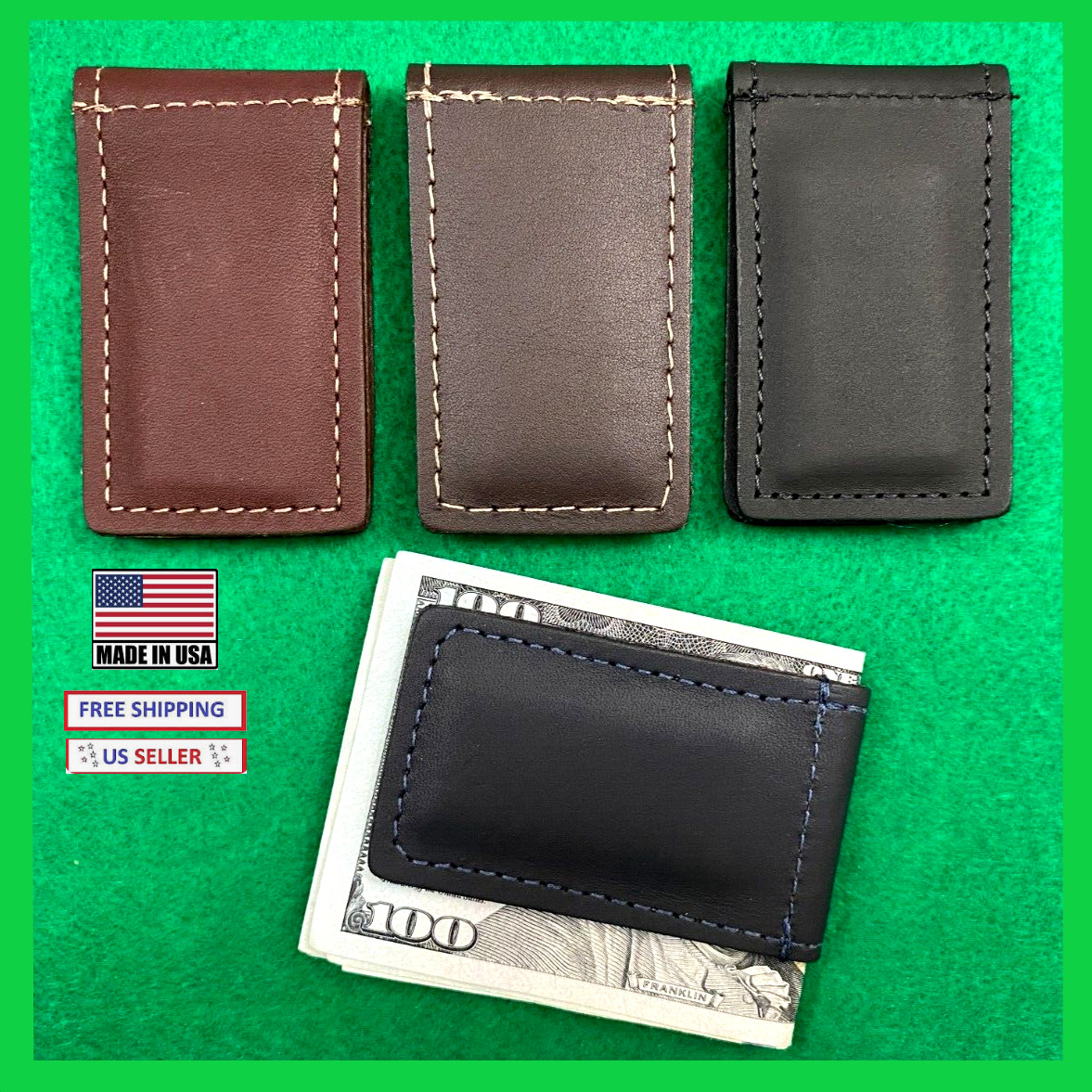 Pure Leather Magnetic Money Clip MADE IN USA Measures 3" L x 1.75" W Closed
