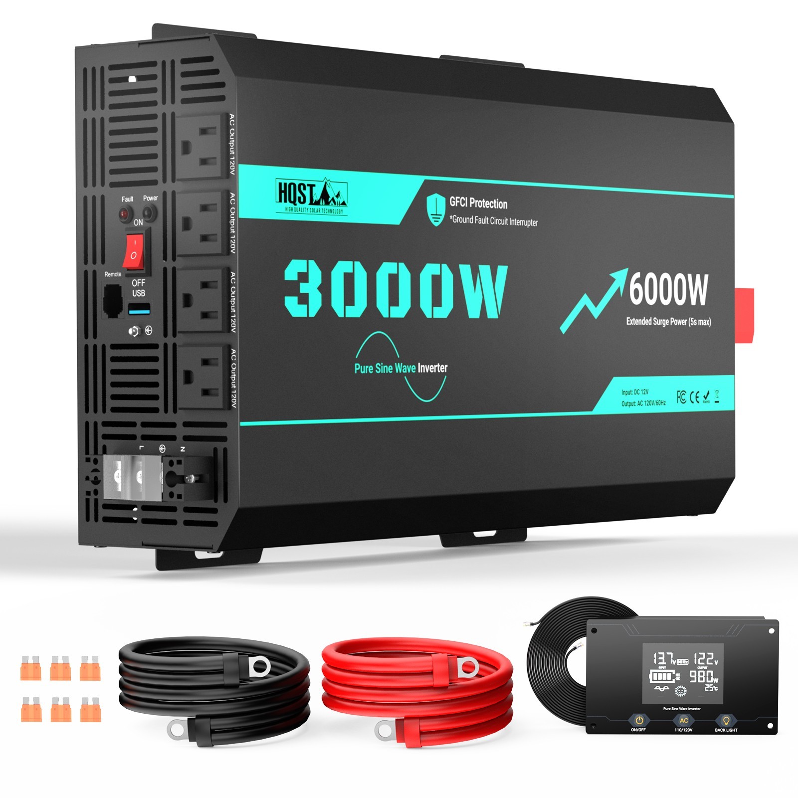 HQST 3000W 12V Pure Sine Wave Inverter with 6000W Surge (5s max)