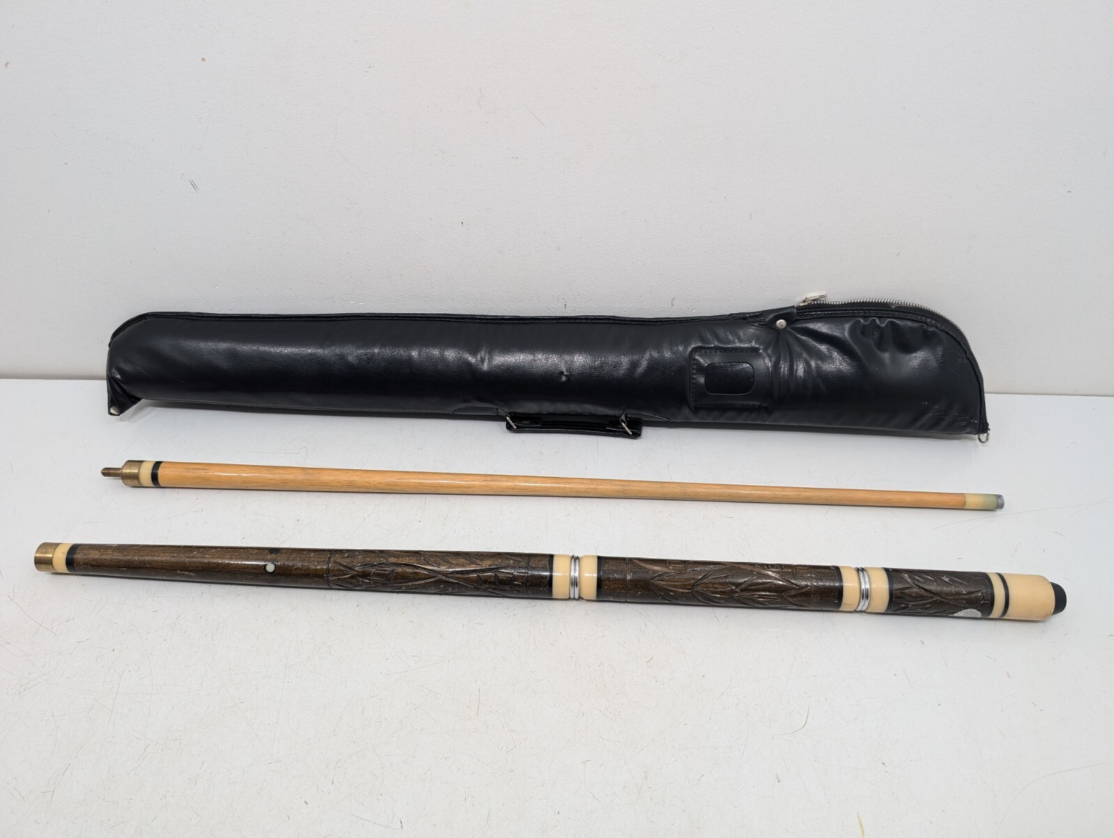 Vintage Pool Cue With Case - Tiki Bar Style Carved Wood Unique - Made In Hawaii