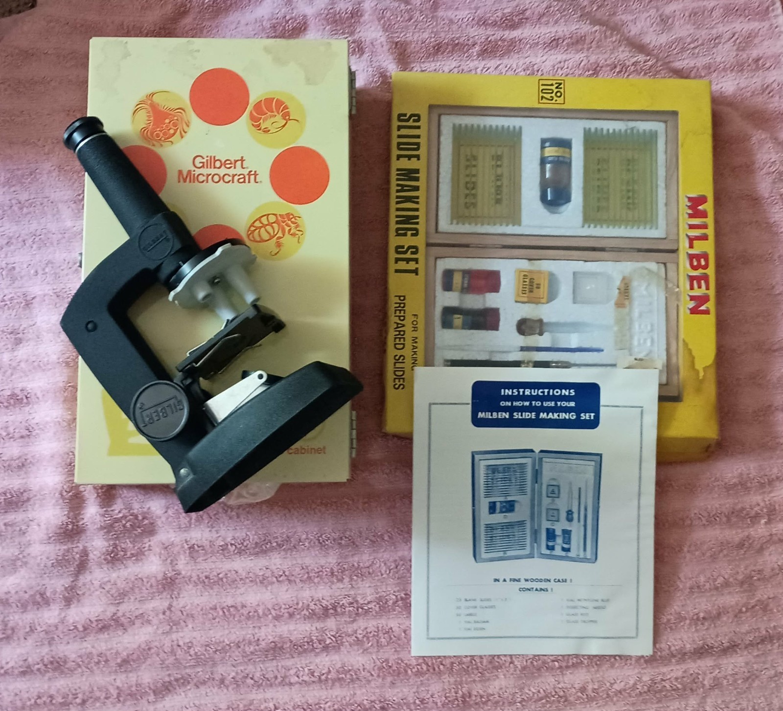 Vintage Gilbert Microcraft Microscope Set W/Metal Case-Milben Slide Making Set