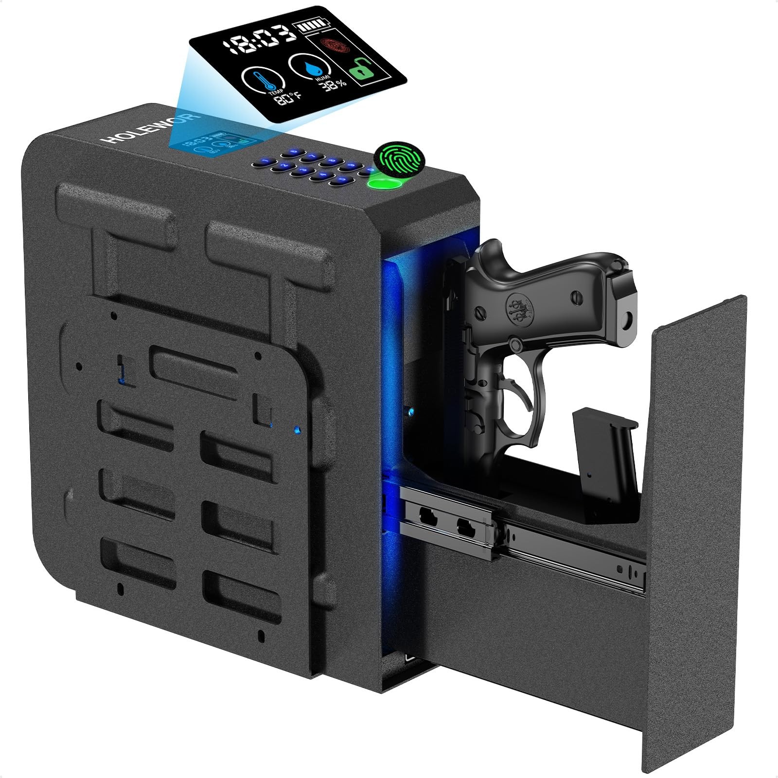 HOLEWOR Gun Safe, Slider Biometric Pistol Safe With Display, Black