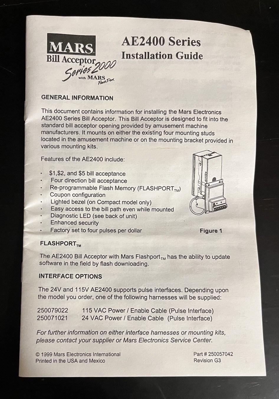 MARS AE2400 Series 2000 Bill Acceptor Arcade Vending Machine + Stacker Magazine