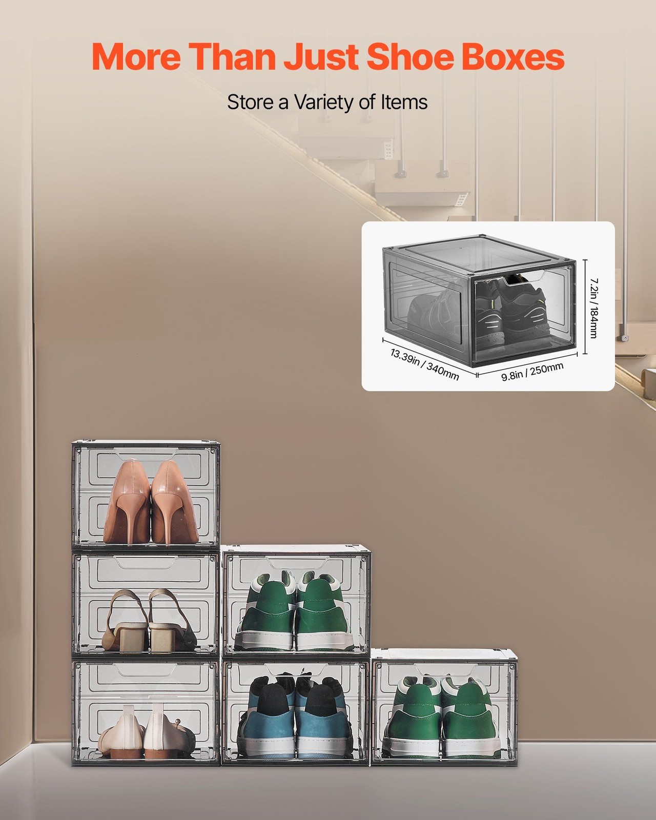 Stackable Shoe Boxes 6-Pack - US Size 13 Transparent Black Storage
