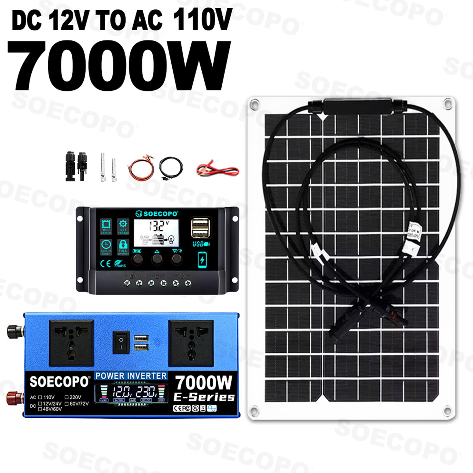7000W Peak Solar System Kit Flexible Panel 100A Controller 12V 24V To 110V/220V