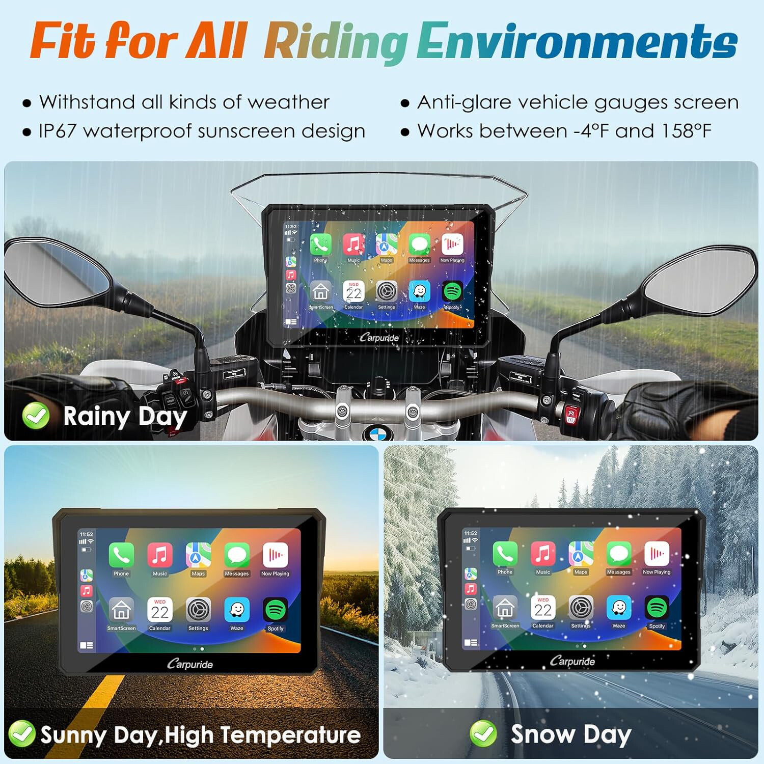 7Inch Motorcycle Navigation GPS Wireless Carplay Android Touch Screen + TPMS