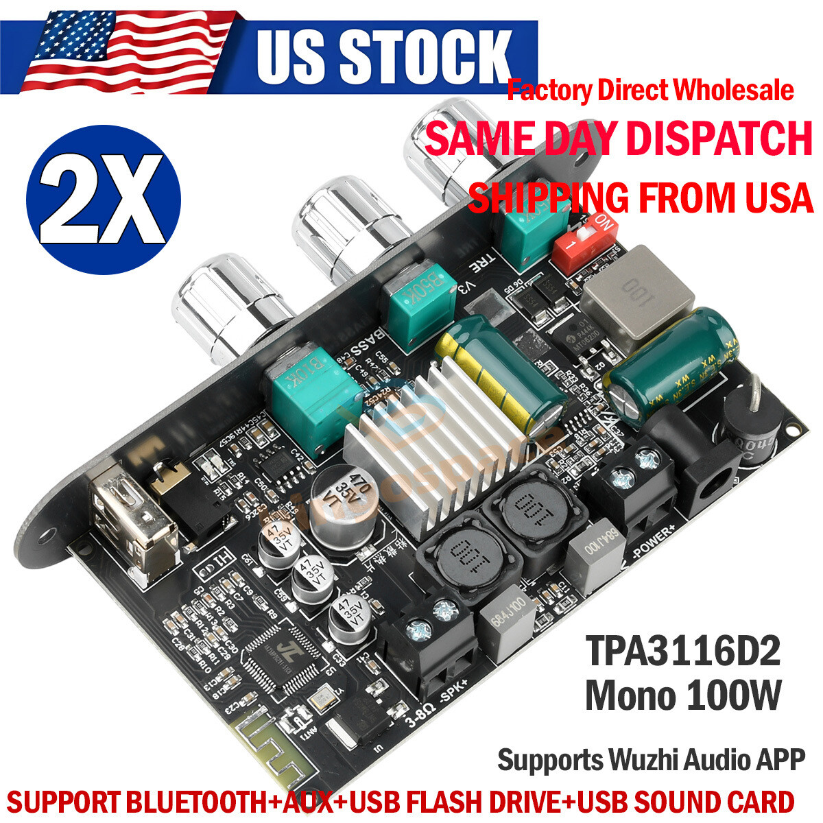 2Pcs ZK-1001U 100W Mono Bluetooth 5.3 Audio Power Amplifier Module TPA3116D2 USA