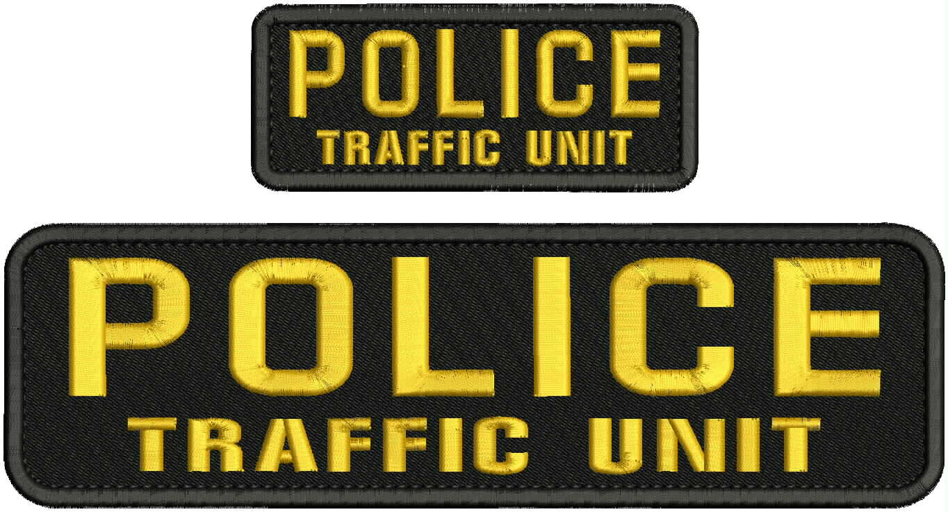 POLICE TRAFFIC UNIT EMBROIDERY PATCH 3X11 AND 2X5 HOOK ON BACK GOLD ON BLACK