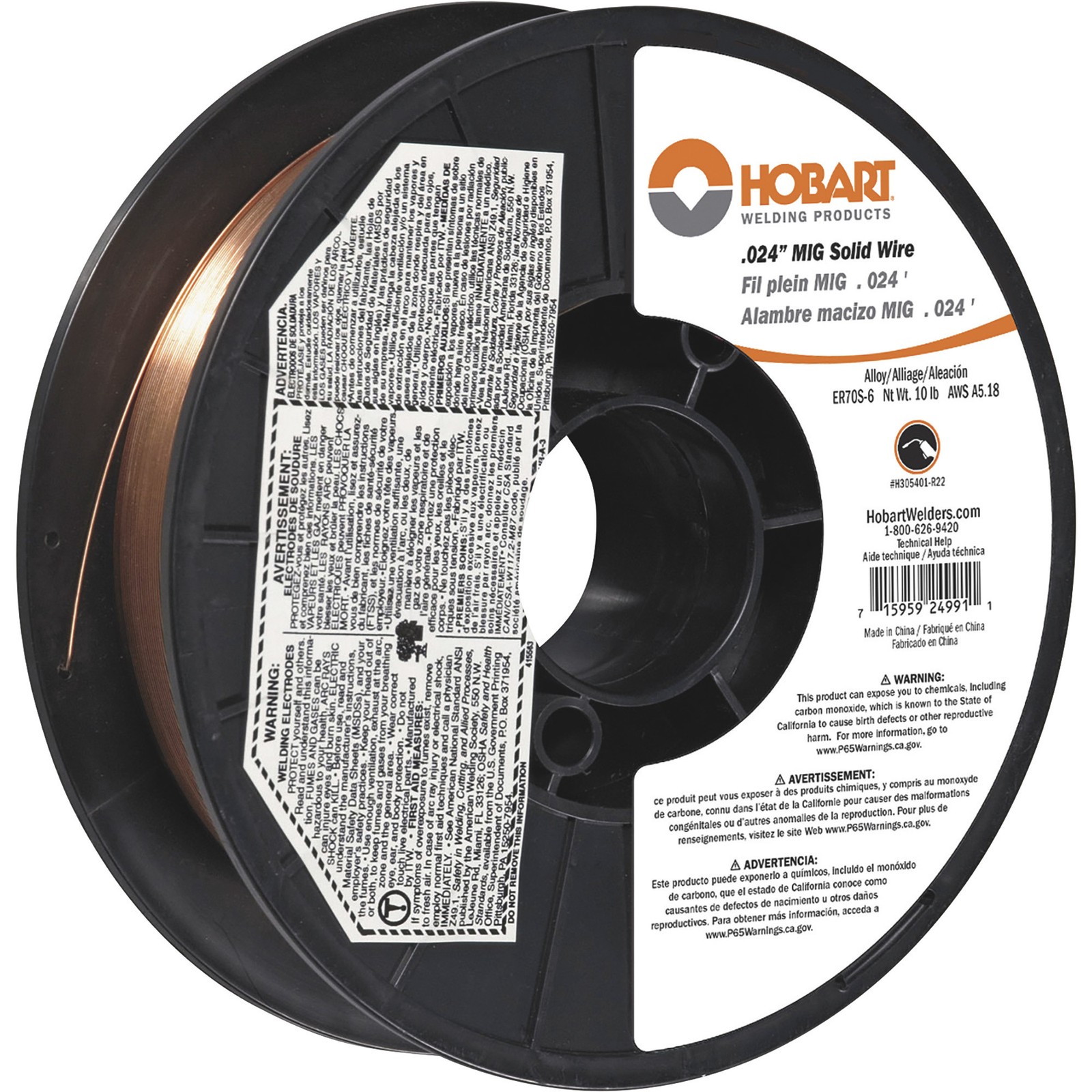 Hobart MIG Welding Wire, ER70S-6 Carbon Steel, .024in., 10-Lb. Spool, Model#
